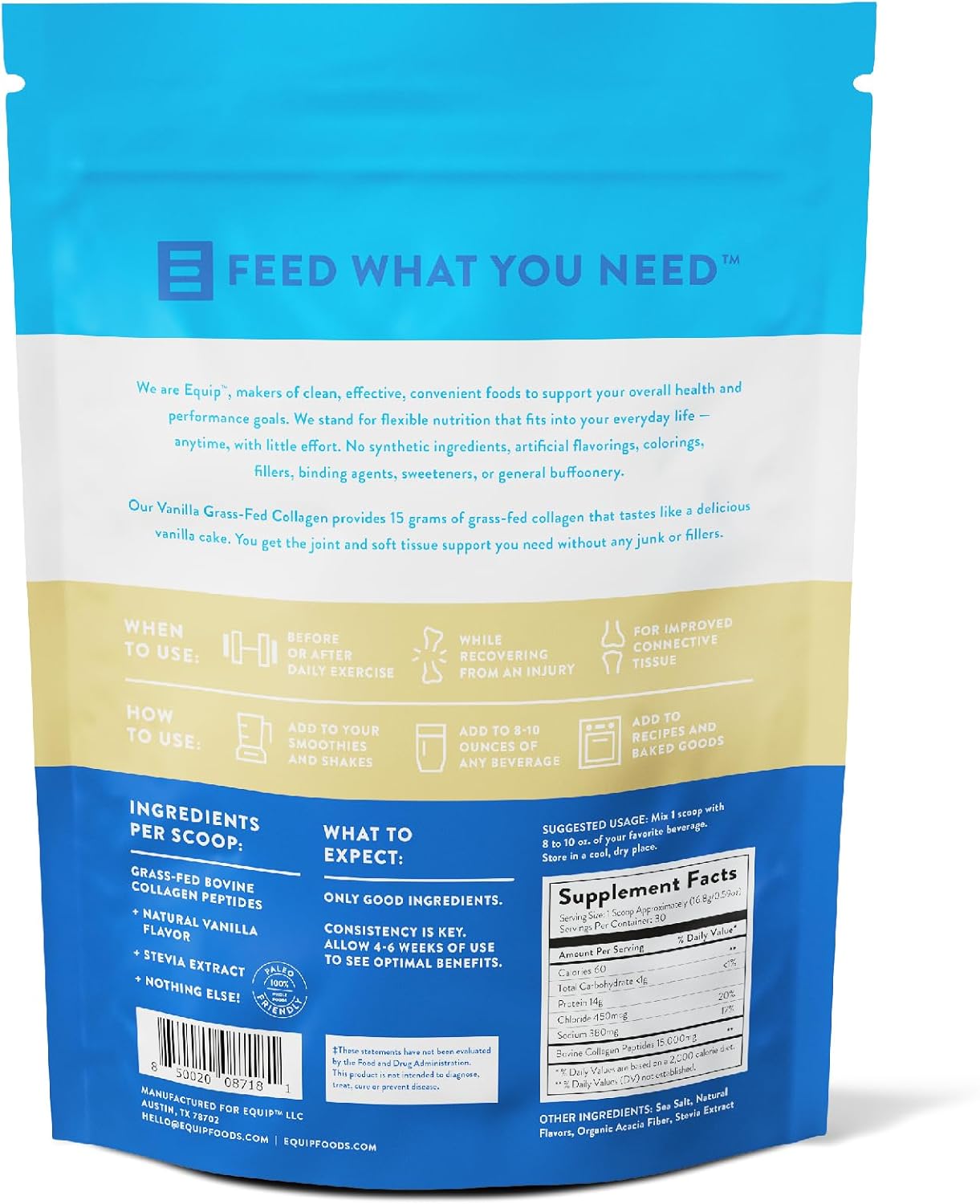 Equip Foods Grass Fed Collagen Powder | Hydrolyzed Bovine Collagen Peptides with Amino Acids | Prime Beef Collagen for Healthy Joints, Skin & Nails | Non-GMO, Paleo Friendly | 30 Servings, Vanilla