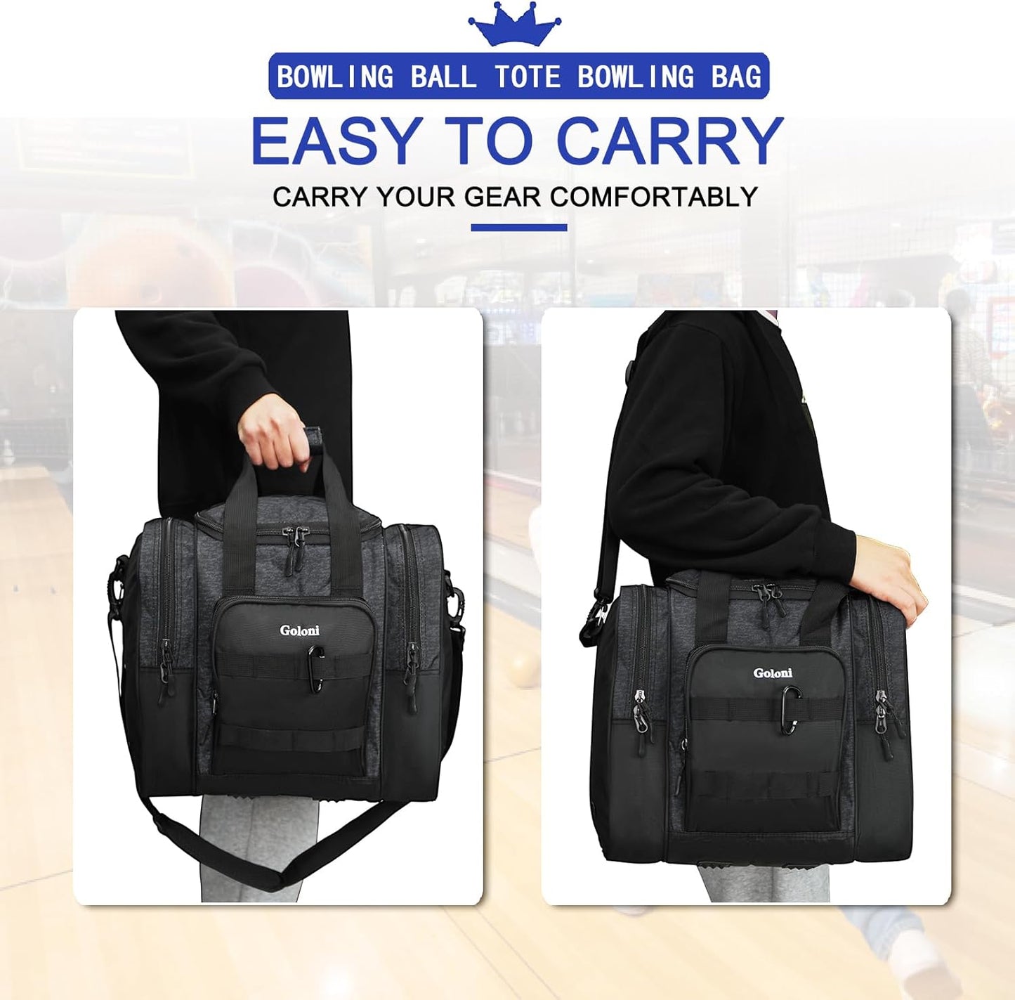 Goloni Bowling Ball Bag for Singer Ball with Padded Ball Holder, 2 Pockets fit Bowling Shoes Up to Mens Size 14 and Accessories