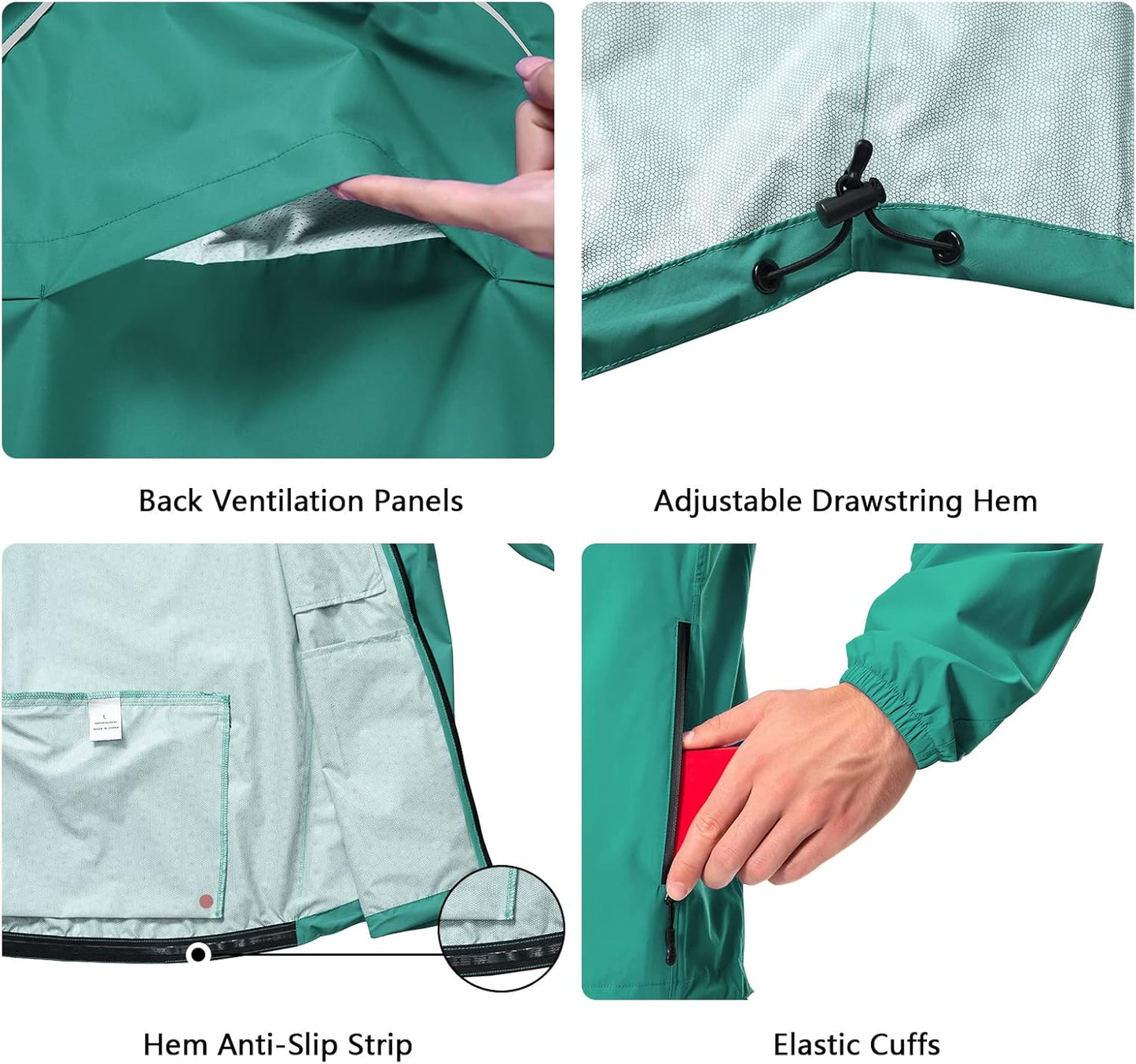 Men's Cycling Running Rain Jacket Lightweight Waterproof Biking Hiking Windbreaker Raincoat Reflective Packable