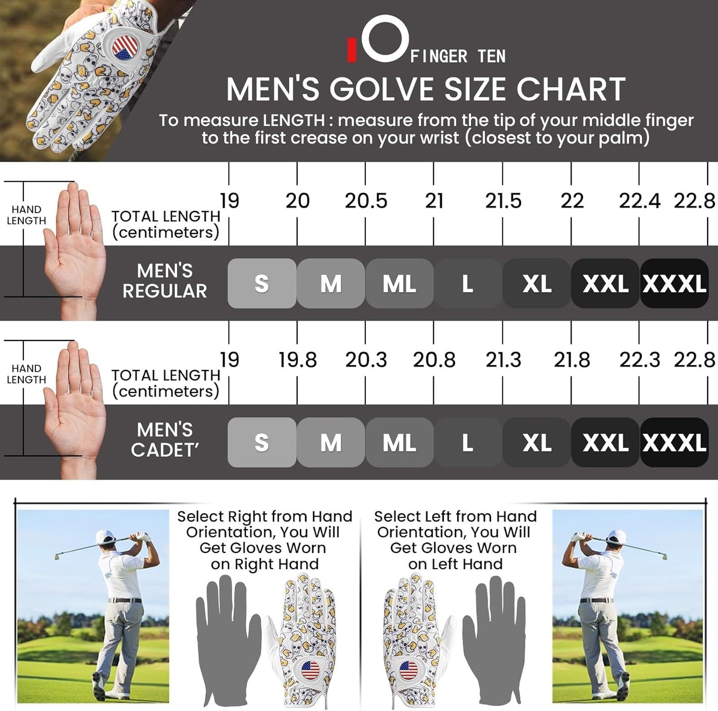 FINGER TEN Golf Gloves Men Left Hand Right with Ball Marker USA Flag Blue Camo Plaid Pack, Mens Leather Golf Glove All Weather Grip Small Medium ML Large XL