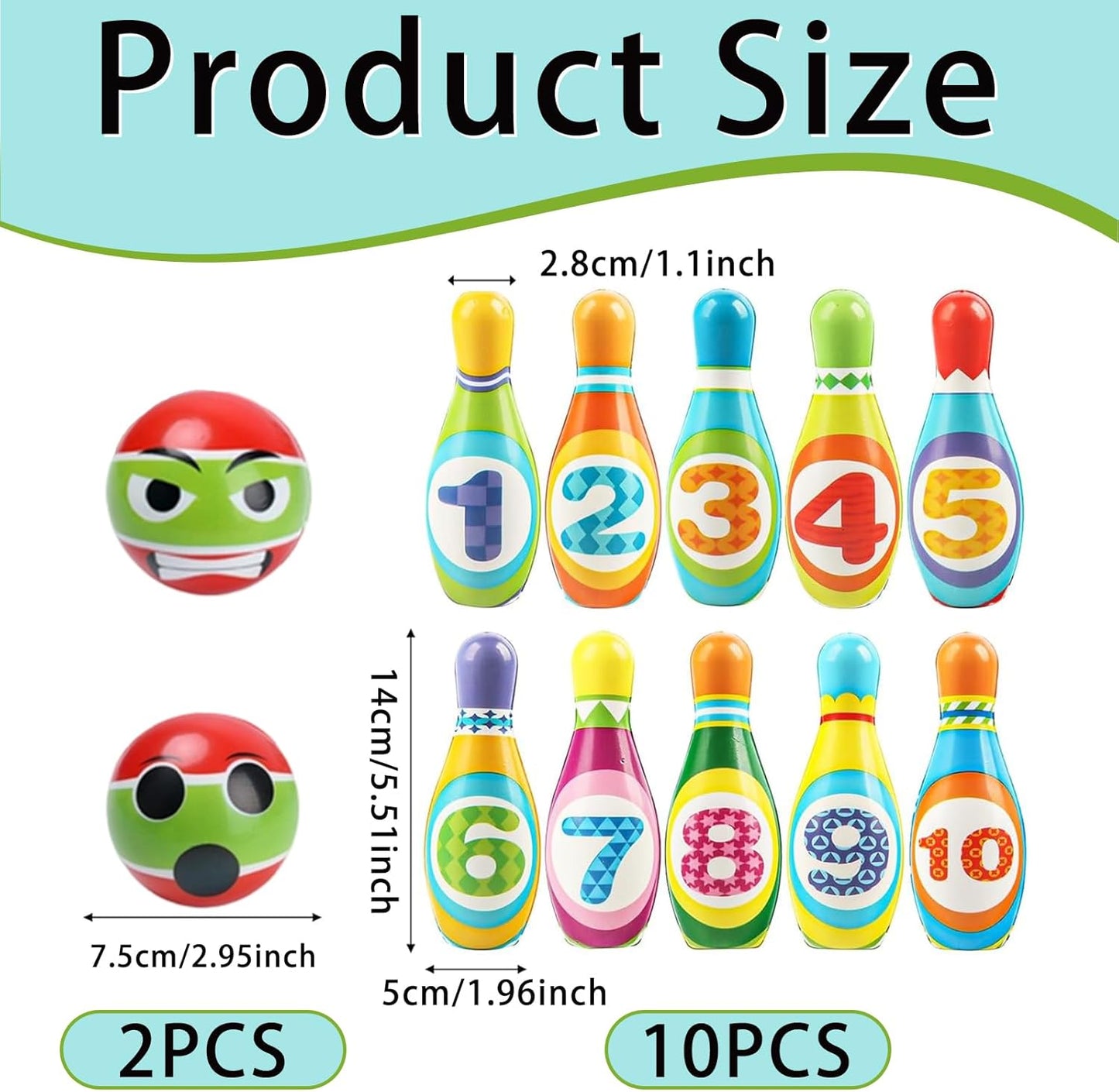 Kids Bowling Set Toy - 10PCS Soft Numbered Pins & 2 Foam Balls for Toddler Boys Girls Age 3-5, Indoor Outdoor Sports Game, Preschool Learning Toy, Birthday Gift for Ages 3 4 5 6