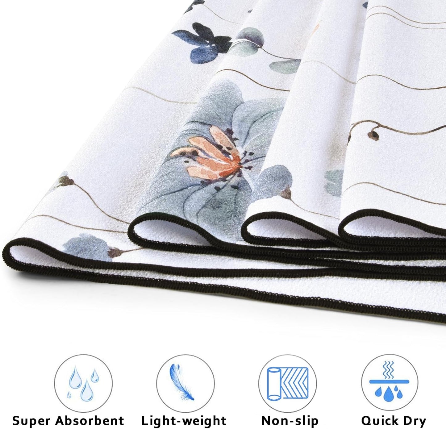 QiyI Floral Yoga Mat Towel with Corner Pockets, Non Slip Sweat Absorbent Hot Yoga Towels, Soft Yoga Blankets with Travel Bag, Mat Cover for Workout, Gym, Fitness - 74"x26", Watercolor Flowers