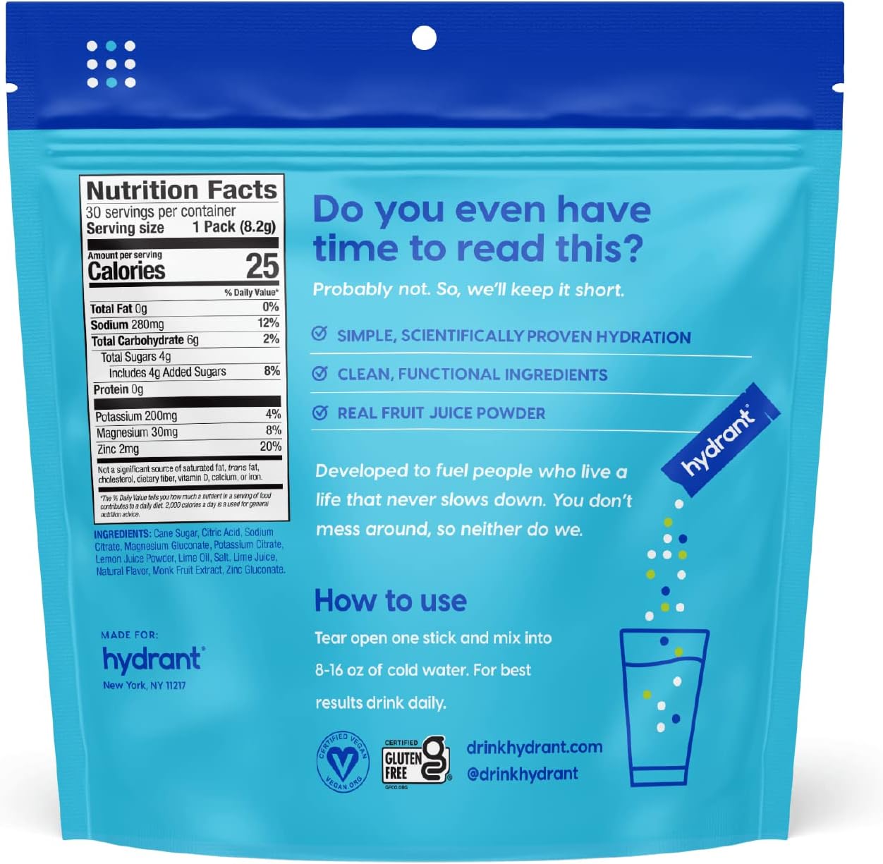 HYDRANT Hydrate, Individual Hydration Electrolyte Powder Stick Packets with No Artificial Sweeteners, Colors, or Fillers (Lemon Lime, 30 Pack)