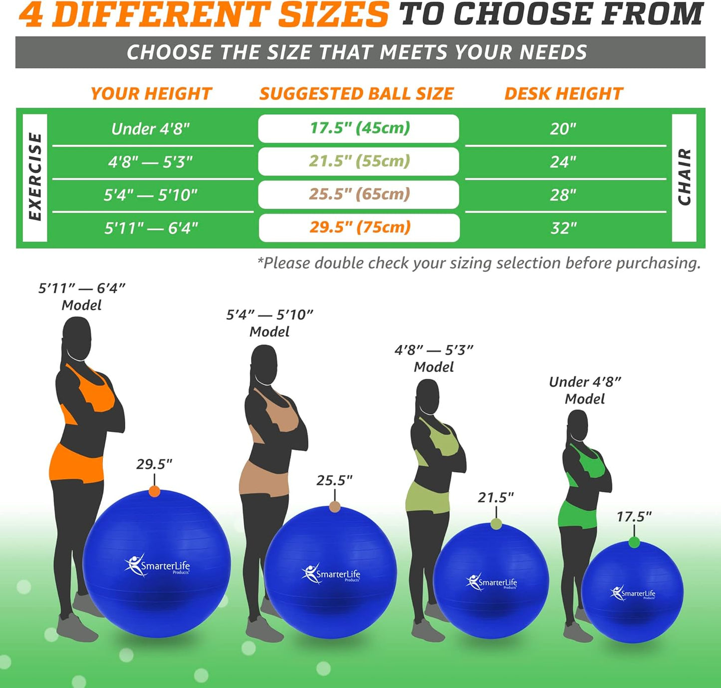 SmarterLife Exercise Ball Yoga Ball for Fitness, Balance, Stability, or Pregnancy, Gym Ball for Core Workout, Physical Therapy, Yoga Ball Chair for Office, Anti-Slip Anti-Burst