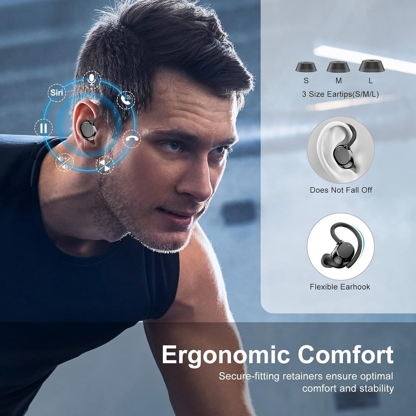 Wireless Earbuds, HiFi Stereo Sport Bluetooth 5.3 in-Ear Headphones with Earhooks, 48H Deep Bass, LED Display, Noise Cancelling, IP7 Waterproof Earphones Built-in Microphone for Running