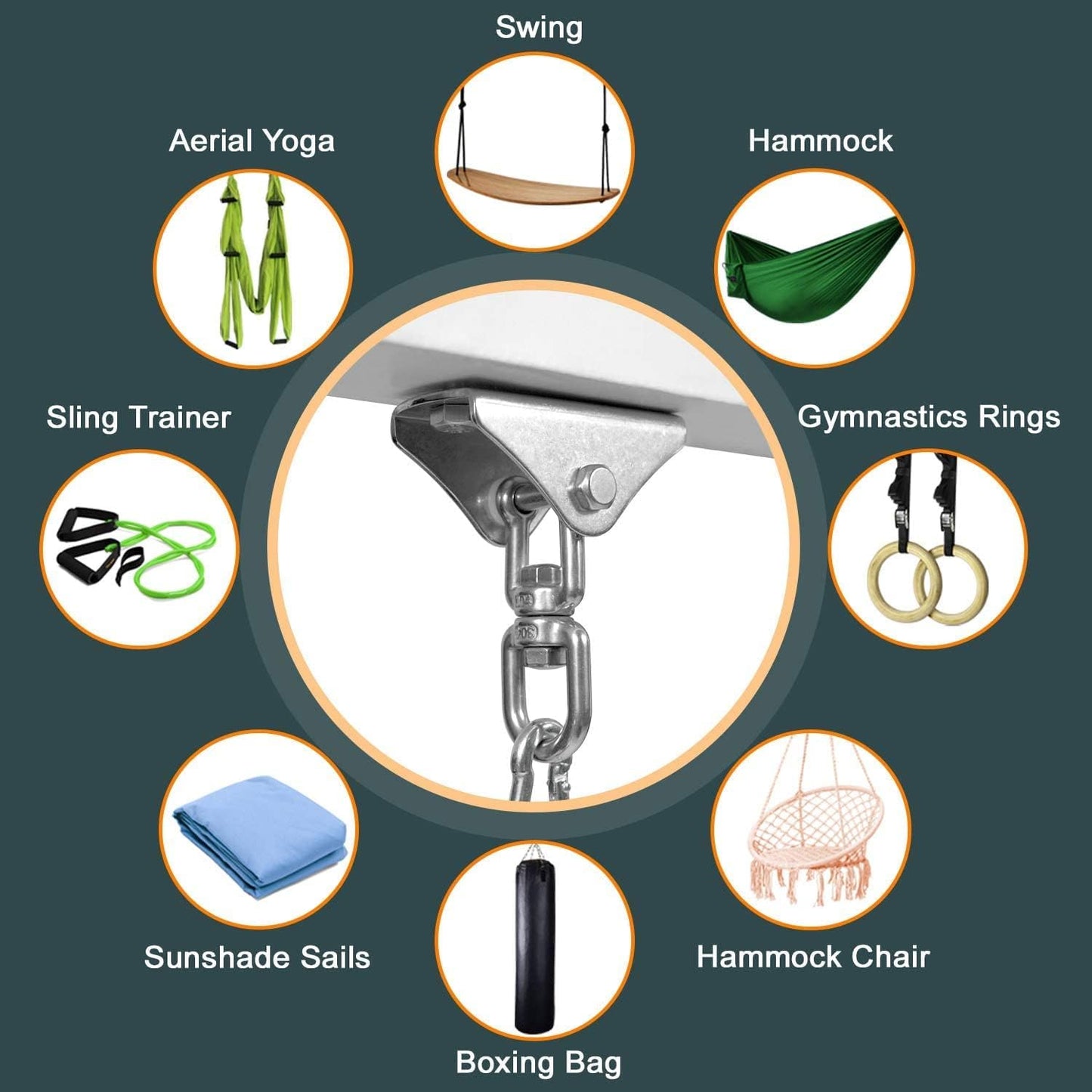 Yes4All Punching Bag Hanger, Stainless Steel Swivel Chain with 4 Snap Hooks for Heavy Bag, Gym Swing, Trapeze, and Hammock