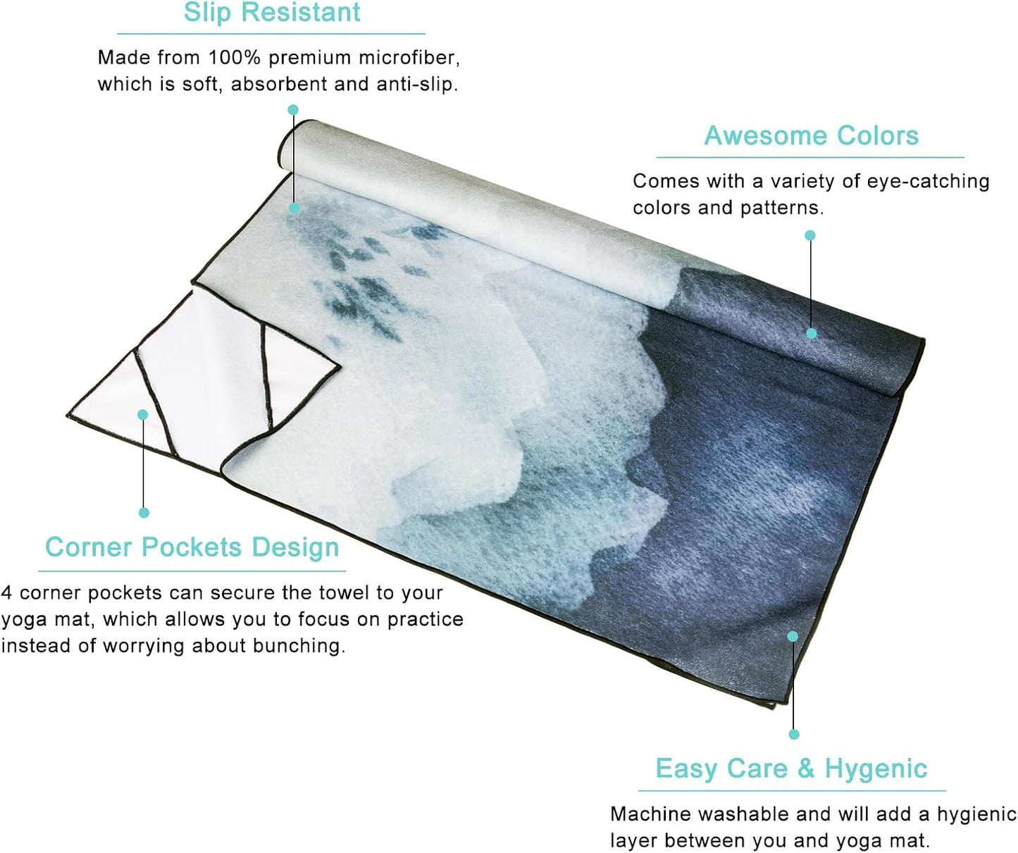 QiyI Yoga Mat Towel with Corner Pockets, Non Slip Sweat Absorbent Hot Yoga Towels, Soft Yoga Blankets with Travel Bag, Skidless Mat Cover for Workout, Gym, Fitness - 70"x26", Watercolor Mountain