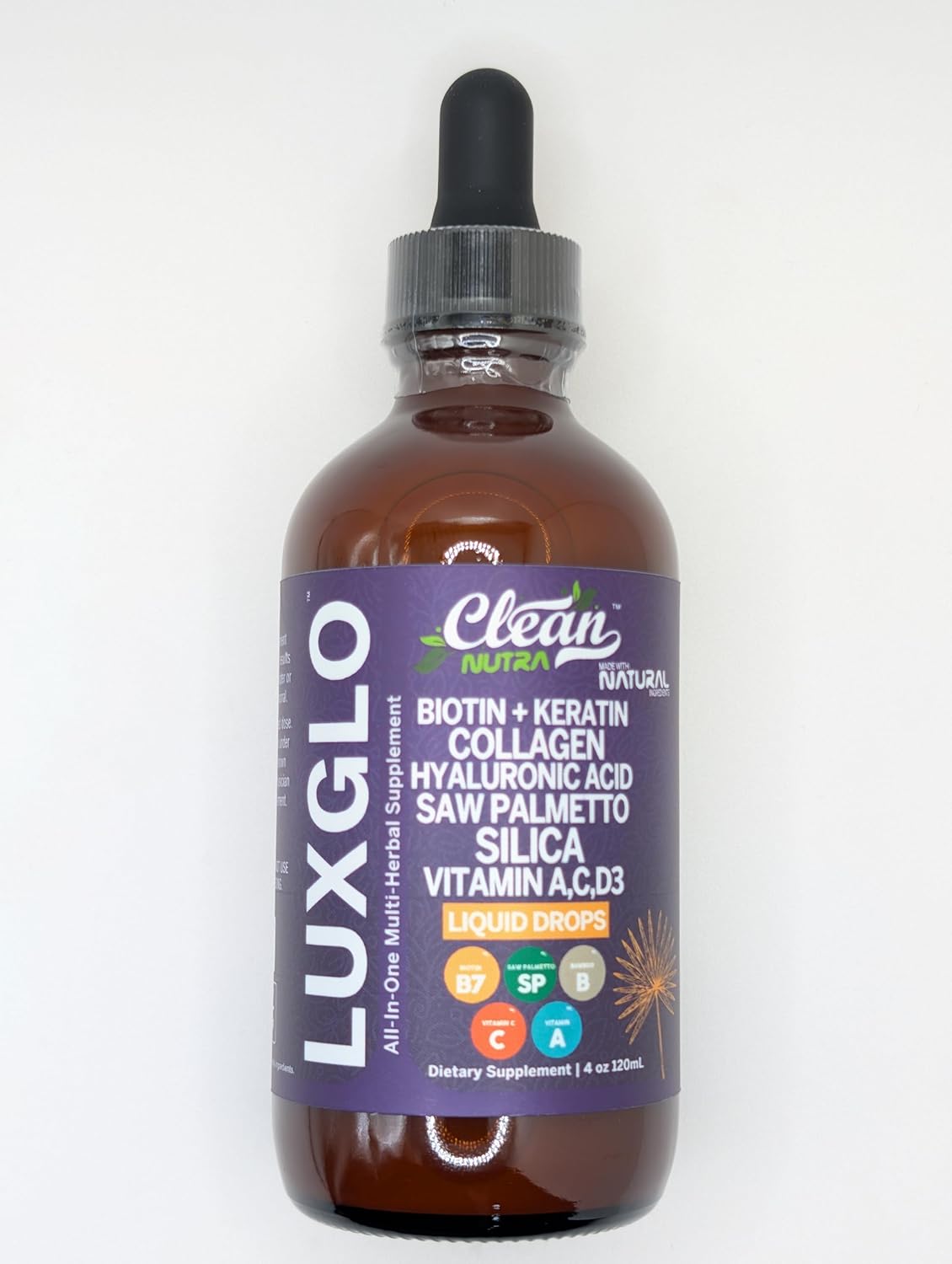 Biotin Liquid Drops Collagen Keratin Hyaluronic Acid Saw Palmetto for Hair Skin and Nails Silica Vitamin A C Vitamin D Bamboo Turmeric Zinc Folate Magnesium Horsetail LuxGlo by Clean Nutra