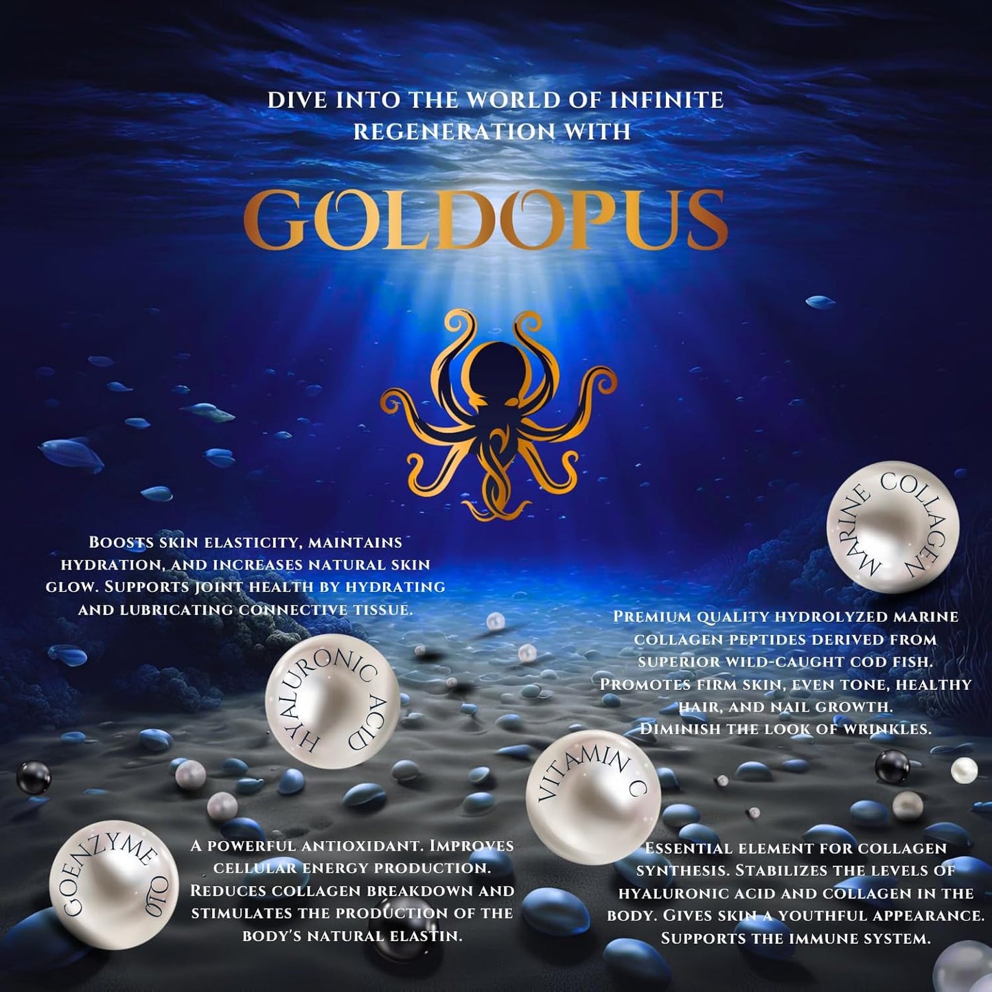 Marine Collagen Peptides Powder with Hyaluronic Acid, Coenzyme Q10, Vitamin C - Promote Firm Skin, Strong Nails&Hair, Healthy Joints - Hydrolyzed Collagen from Atlantic Cod - 10g per Serving