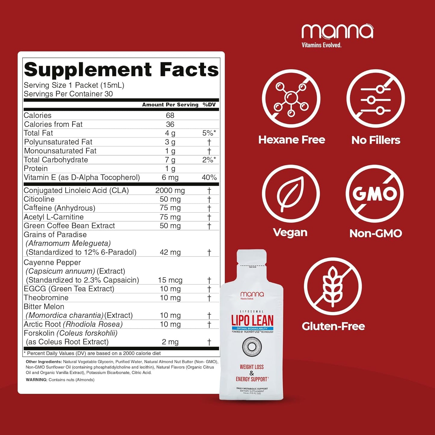 Manna Vitamins Evolved Liposomal Lipo Lean, Thermogenic Metabolism Support, Cravings Management, Weight Loss Support for Women, Men, Liposomal Absorption 3500mg CLA, Carnitine, Green Tea, 30 Packets