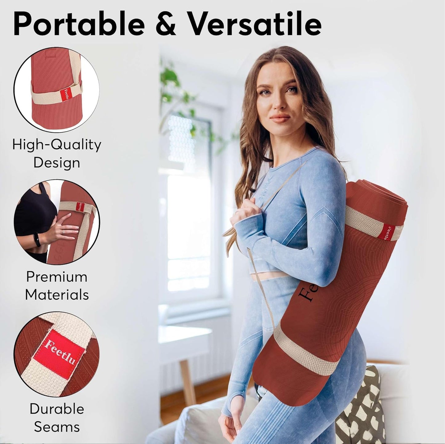 Extra Thick 12mm Exercise Mat – Non-Slip, Joint-Friendly & Cushioned Fitness Mat for Yoga, Pilates & Floor Workouts – Durable, Supportive & Includes Feetlu Classic Strap