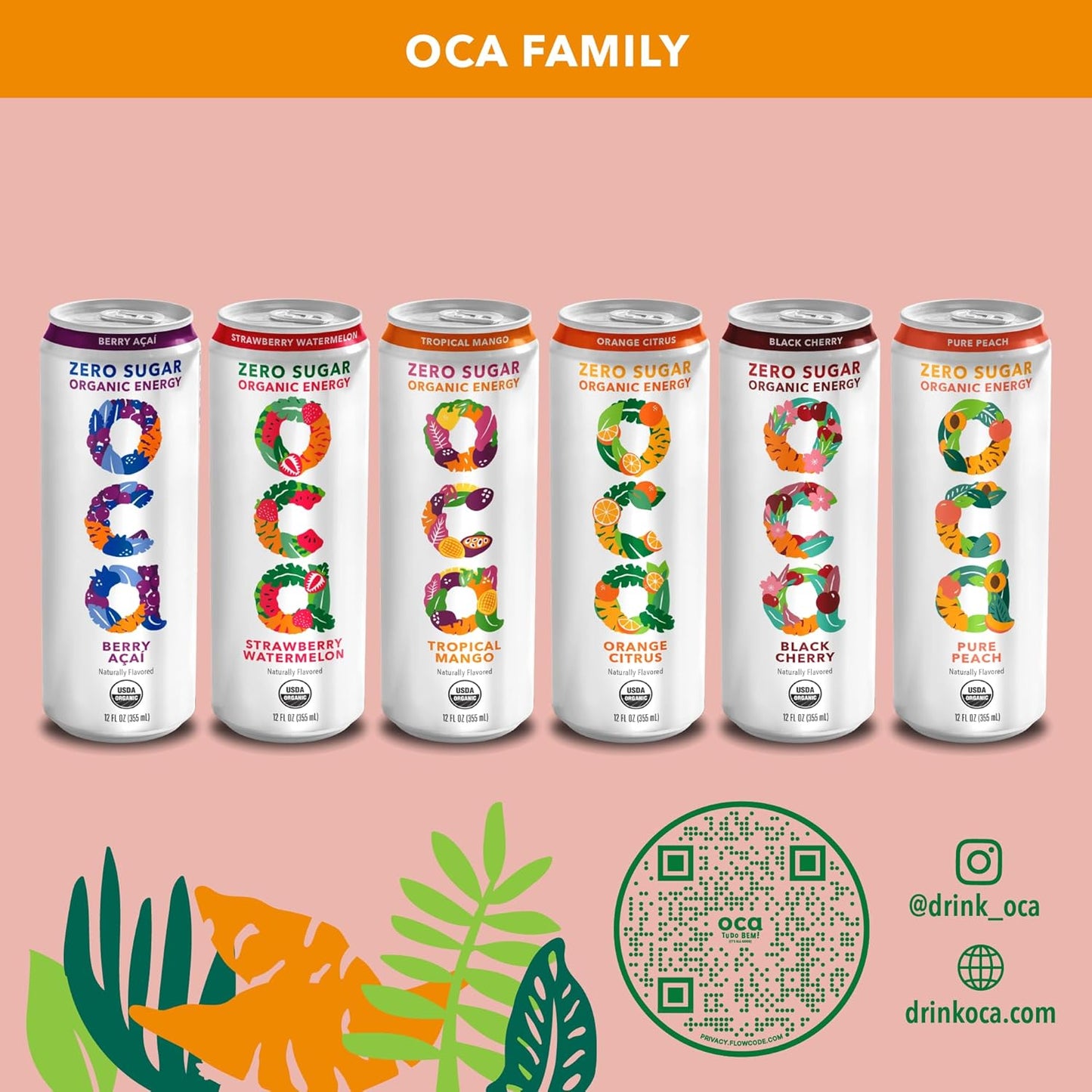 OCA ZERO Pure Peach, Organic energy drink, zero sugar, gluten-free, vegan plant-based, 12 Fl Oz (12-pack)