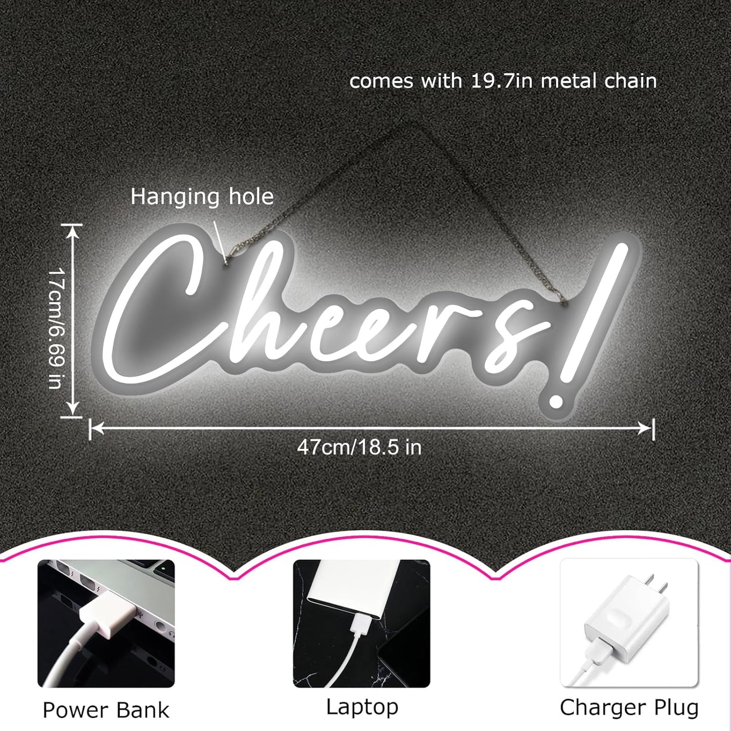 Cheers Neon Signs Cheer Sign for Bar Light Sign for Wall Decor USB Powered Neon Sign for Bar Club Gaming Room Home Birthday Party Decor Sign Gift White (18.5 * 6.69in)