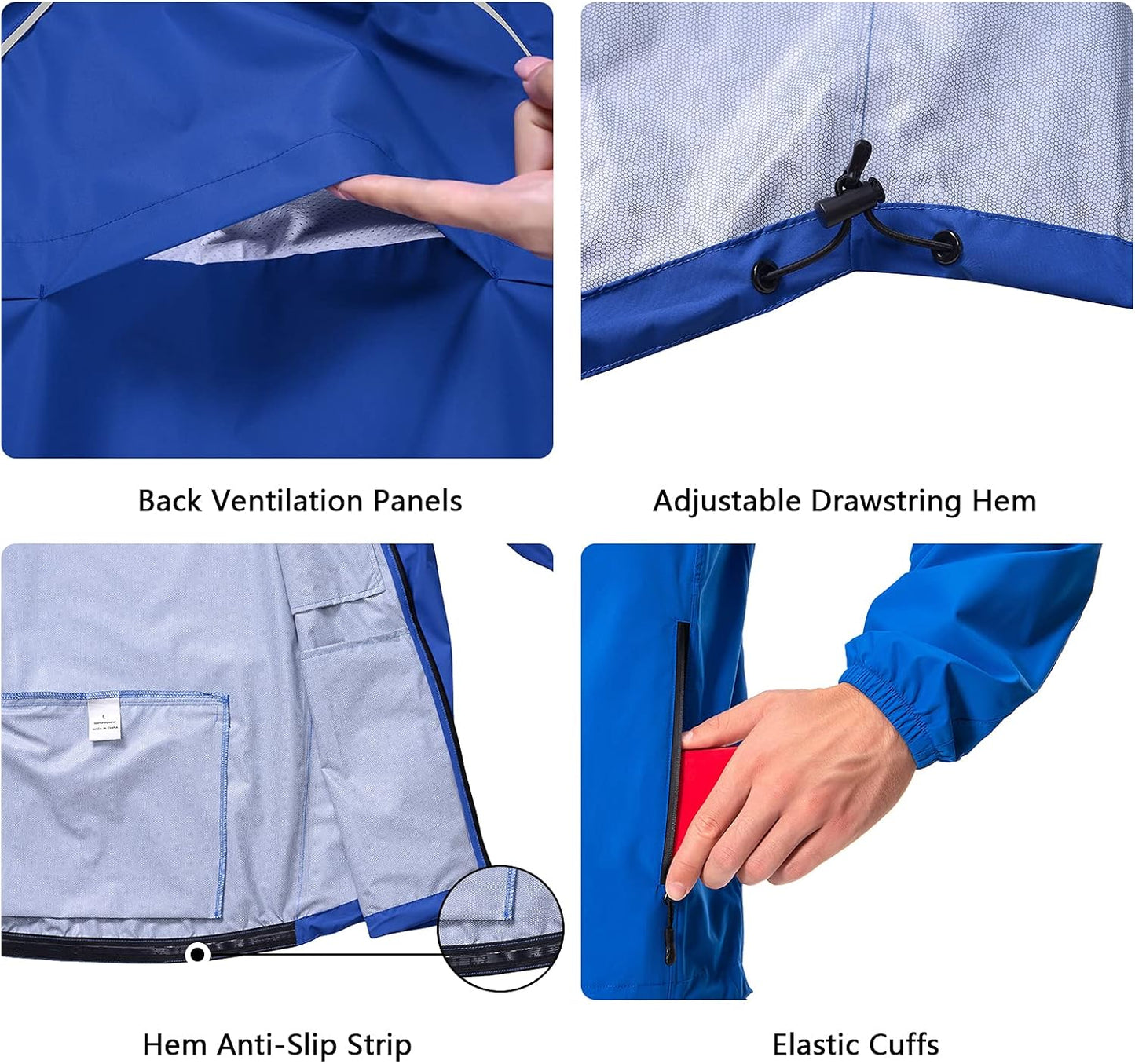 Men's Cycling Running Rain Jacket Lightweight Waterproof Biking Hiking Windbreaker Raincoat Reflective Packable