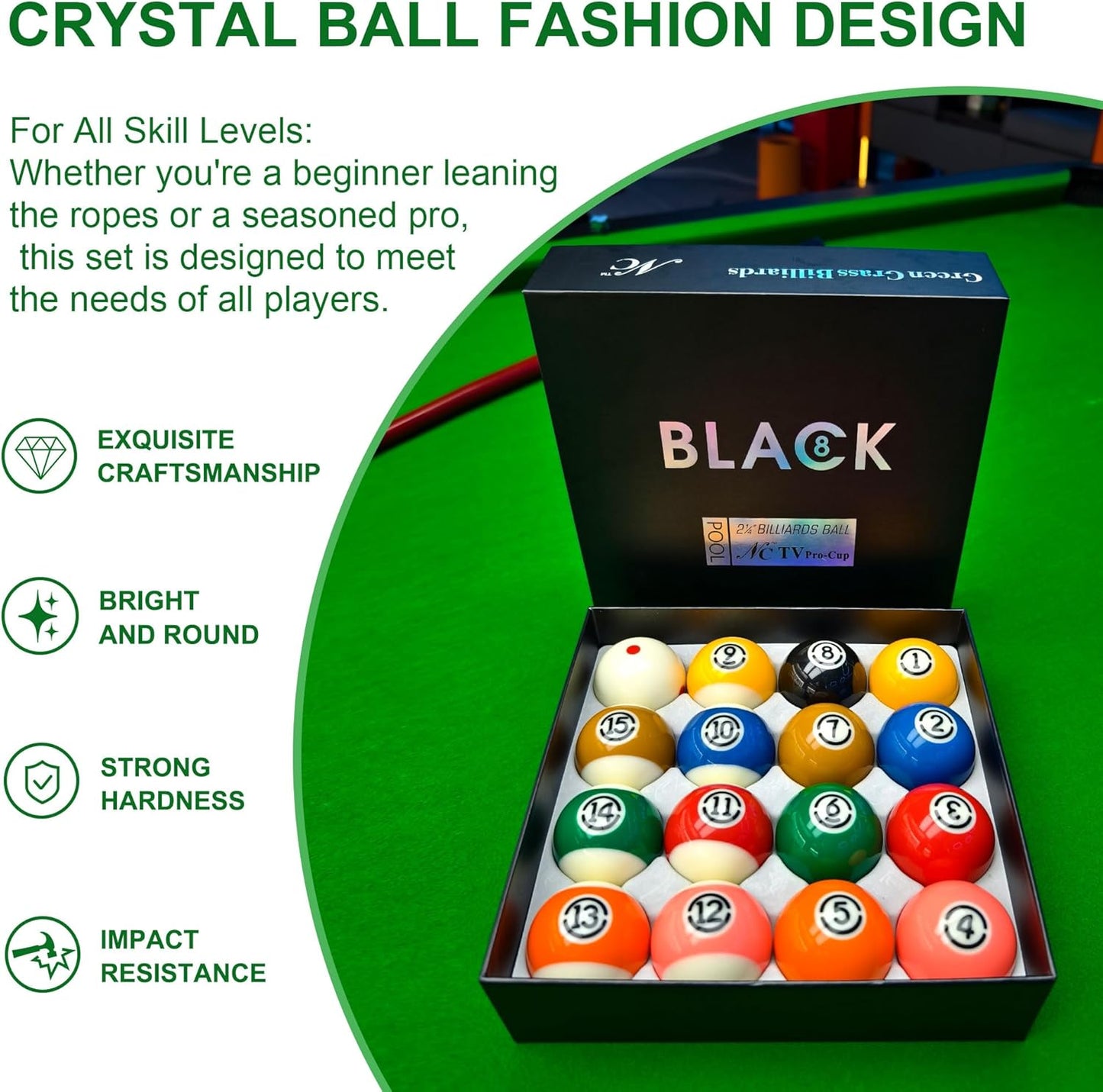 Billiard Balls Set 2-1/4" Regulation Size Pool Table Balls for Replacement (16 Resin Balls)