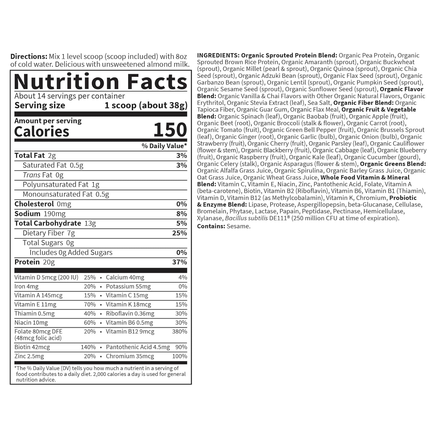 Garden of Life Meal Replacement Shakes, Vegan Protein Powder, Raw Organic Meal, Vanilla Chai Powder with Plant Based Pea Protein, Sprouts, Greens, Probiotics, Dairy Free 14 Servings