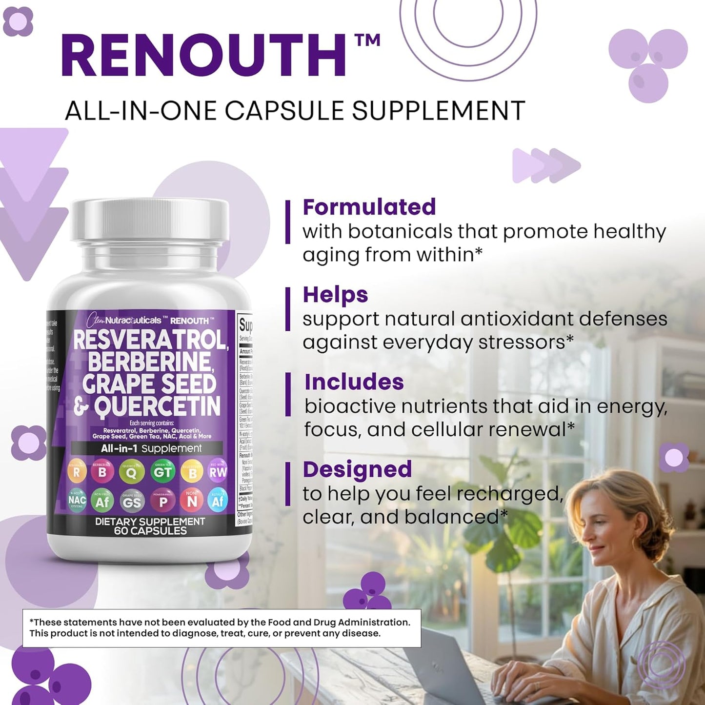 Clean Resveratrol Supplement | Berberine Grape Seed Extract Quercetin Green Tea Extract Acai Noni Polyphenol Supplement for Women & Men Anti Aging N-Acetyl Cysteine NAD Booster