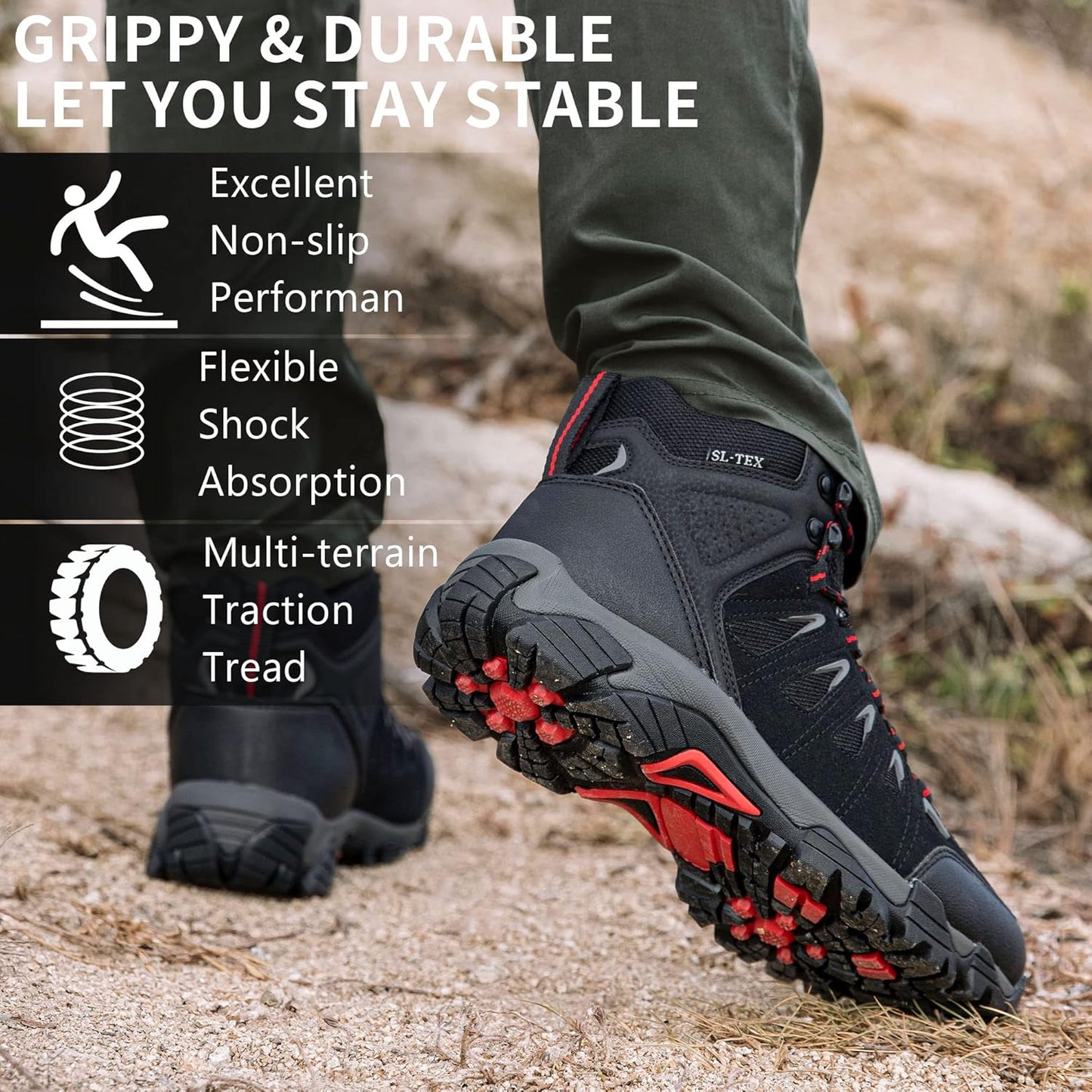 SHULOOK Men's Waterproof Hiking Boots Non-Slip Lightweight Mid Top Ankle Boot Breathable Hiker Trekking Shoes
