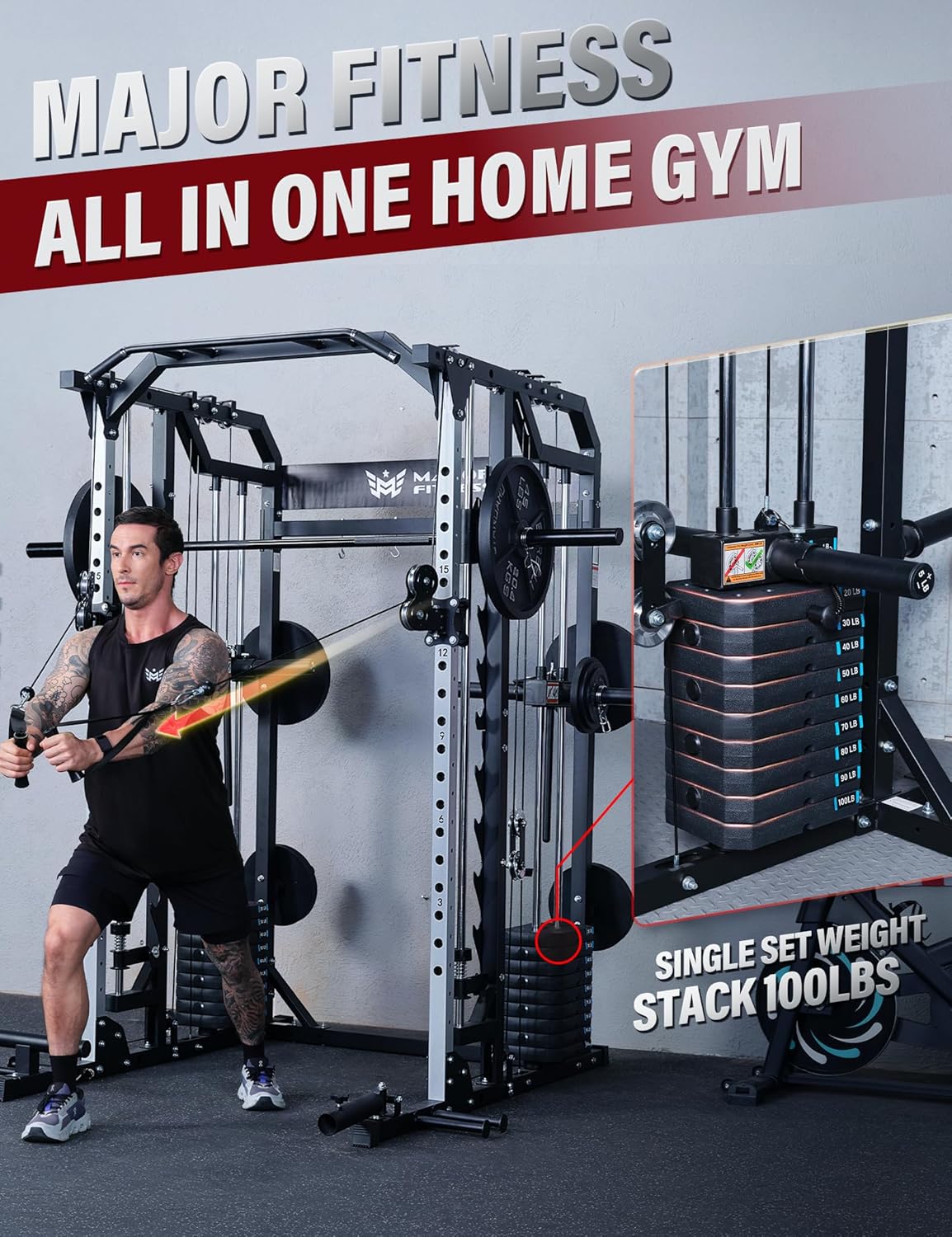 Major Fitness Drone2 Advanced Training Smith Machines– All-in-One Home Gym Squat Rack with Aluminum Pulley Set , Weight Bar, Dual LAT Pull-Down Systems & Cable Crossover Machine for Full-Body Workouts