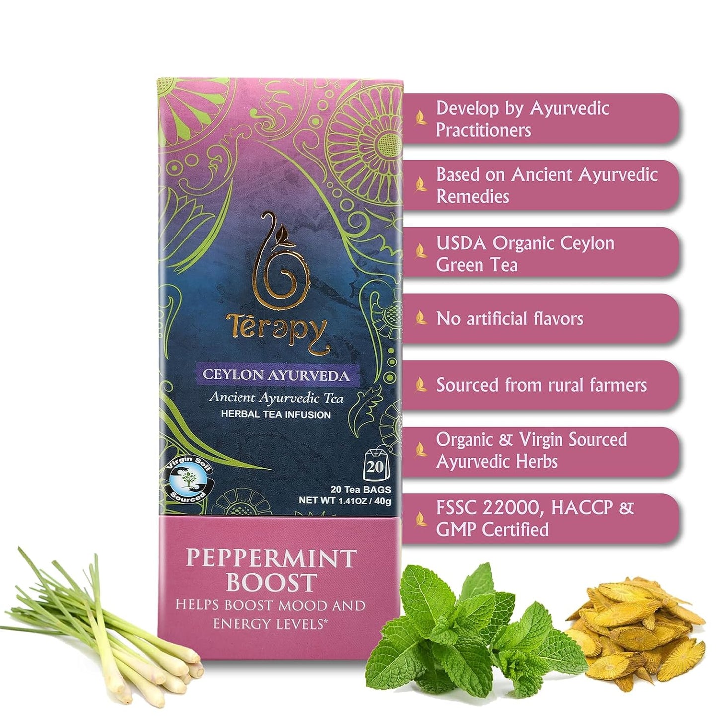 Tรฉrapy Ceylon Peppermint Tea | All Natural Herbal Ingredients | 100% Organic Peppermint Tea Bags Individually Wrapped | Eco-friendly & Unbleached Herbal Tea Bags | 20 Count
