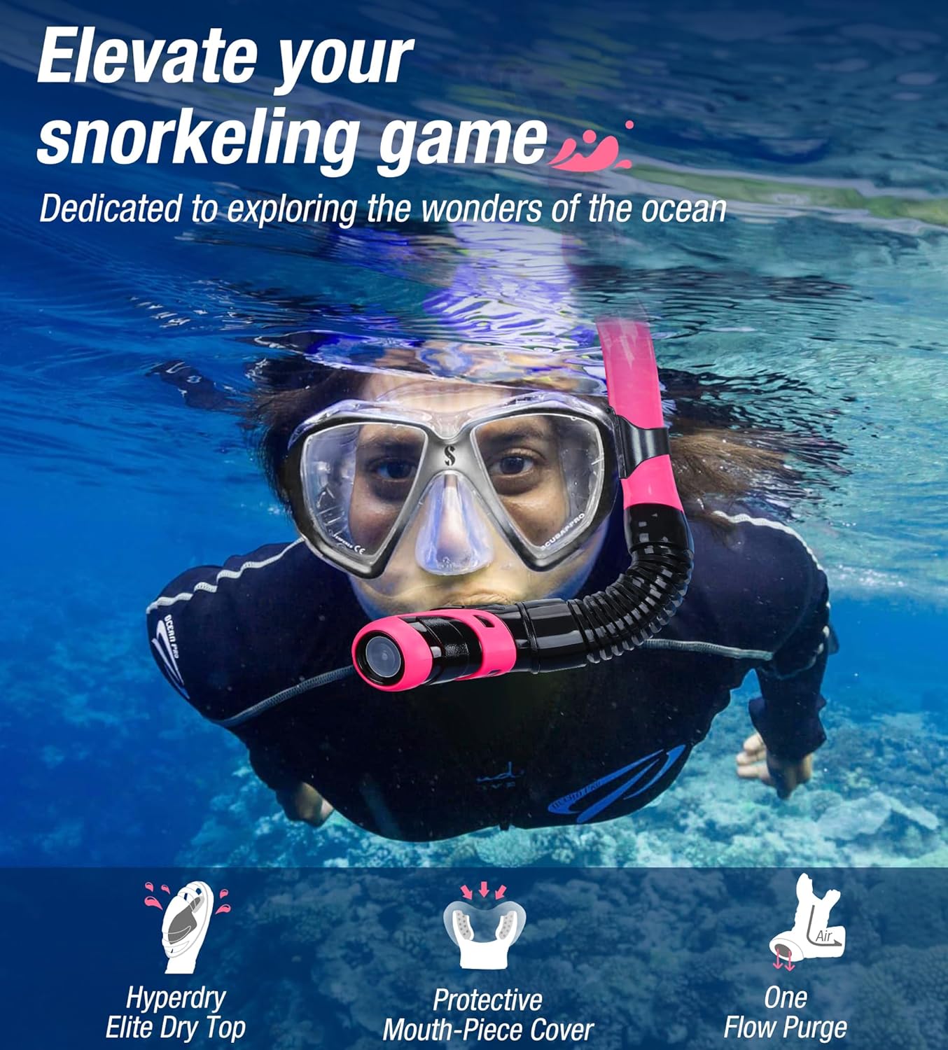 Aegend Dry Snorkel, Dive Mask Easy-Breath Free Diving Snorkel for Snorkeling Scuba Diving Freediving Swimming, with Top Dry Valve and Food-Grade Silicone Mouthpiece