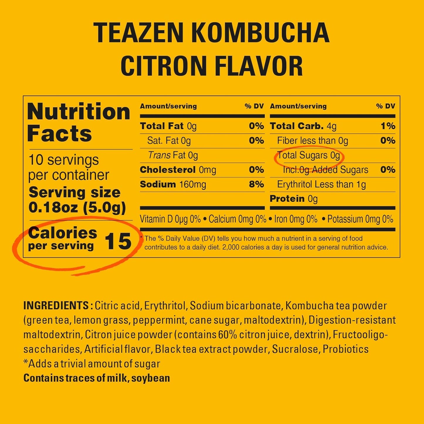 TEAZEN Citron Kombucha Tea, Hydration Drink Mix, Sugar Free, Live Probiotics & Prebiotics, 10 Sticks, 1.76oz