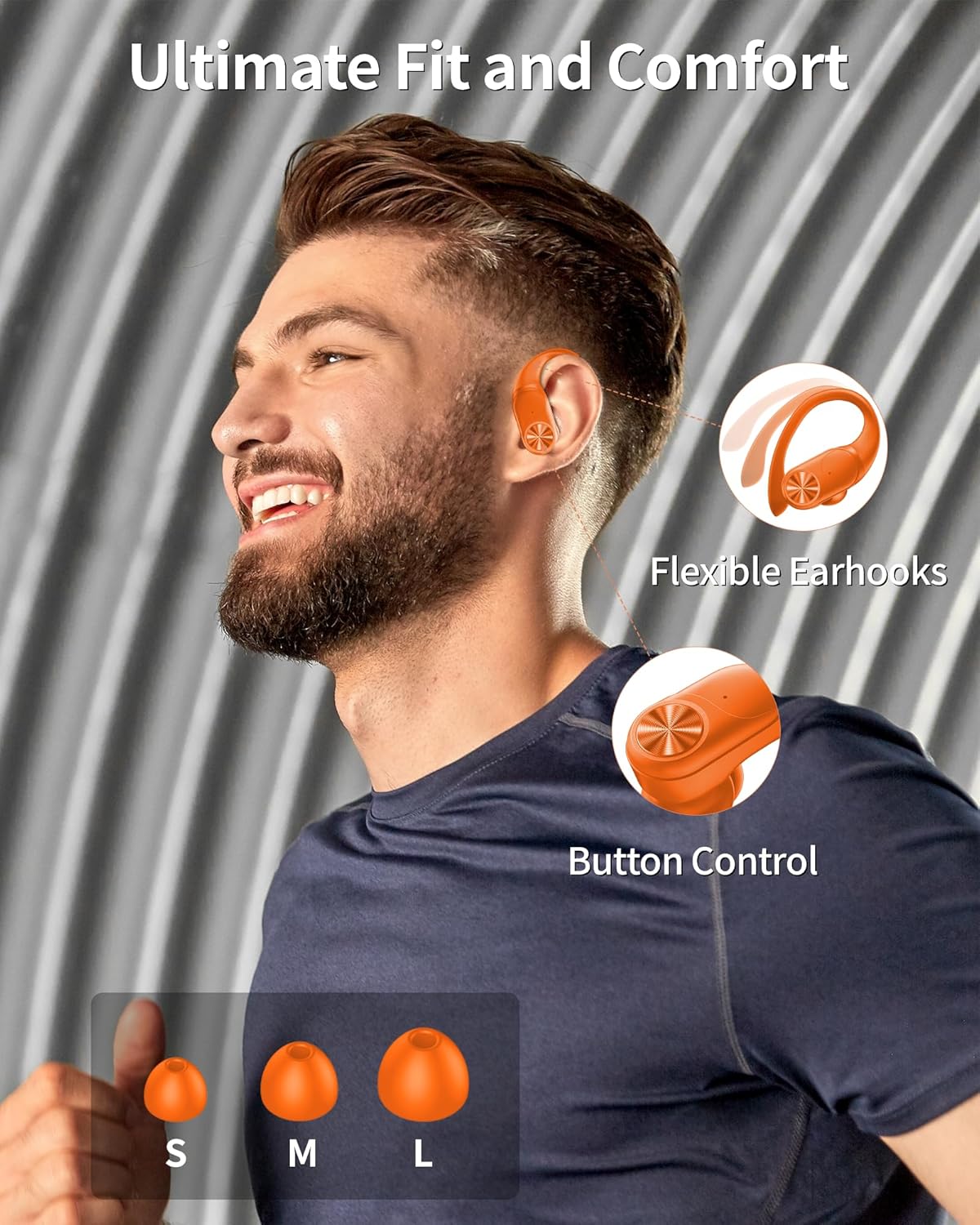 PocBuds Bluetooth Headphones Wireless Earbuds 80hrs Playtime Wireless Charging Case Digital Display Sport Ear Buds with Earhook Deep Bass IPX7 Waterproof Over-Ear Earphones for Phone Laptop Caramel