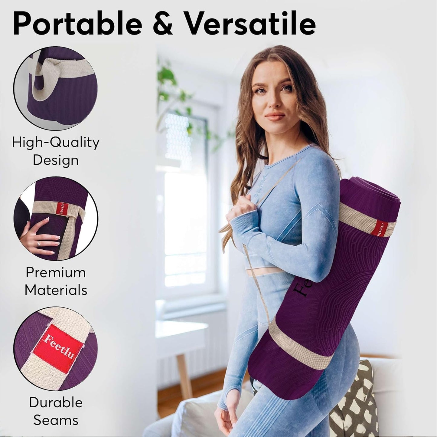 Extra Thick 12mm Exercise Mat – Non-Slip, Joint-Friendly & Cushioned Fitness Mat for Yoga, Pilates & Floor Workouts – Durable, Supportive & Includes Feetlu Classic Strap