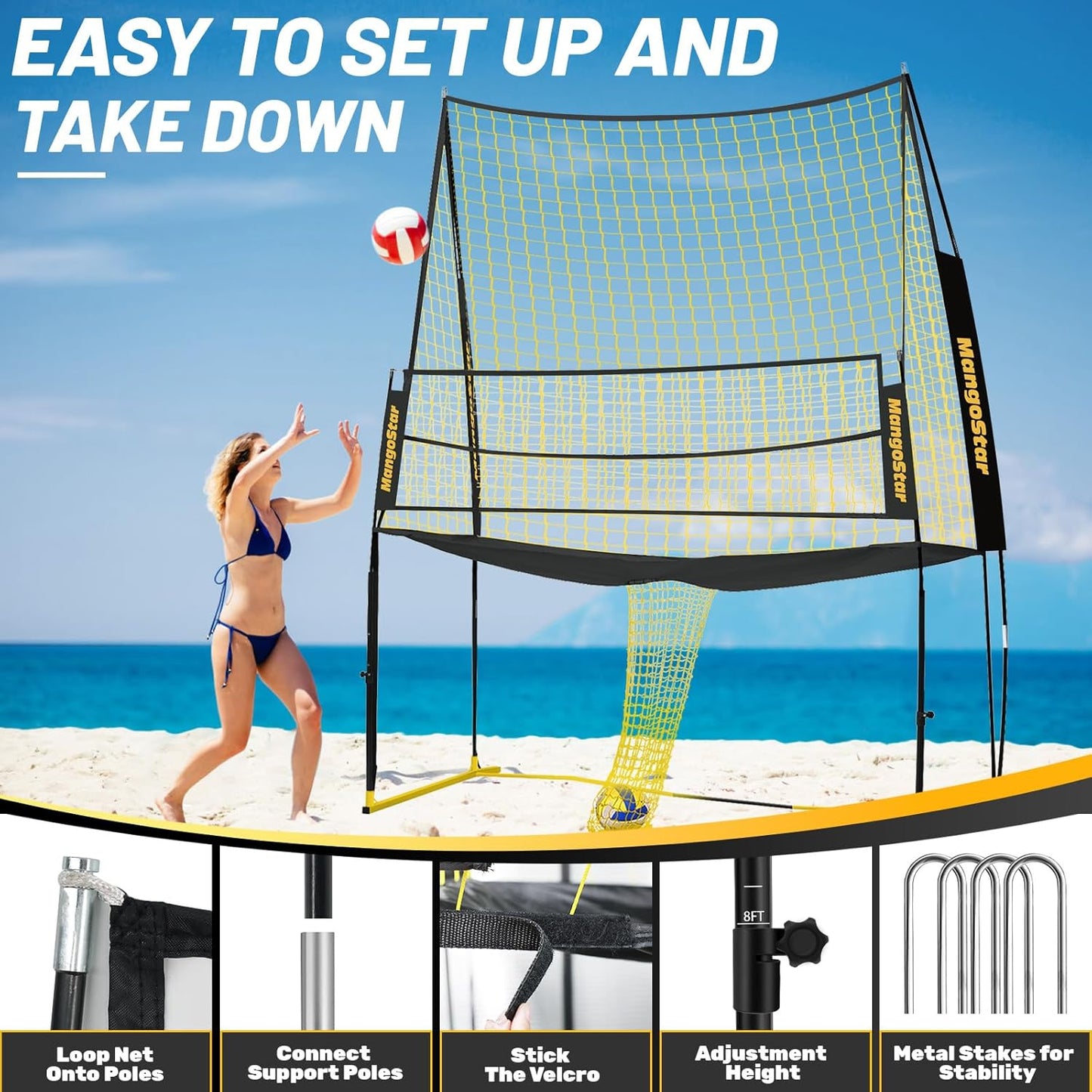 Mangostar Volleyball Training Equipment, Volleyball Net System with Freely Height-Adjustable for Backyard, Volleyball Practice Net for Serving Setting Spiking, Easy Set Up for Indoor and Outdoor Use