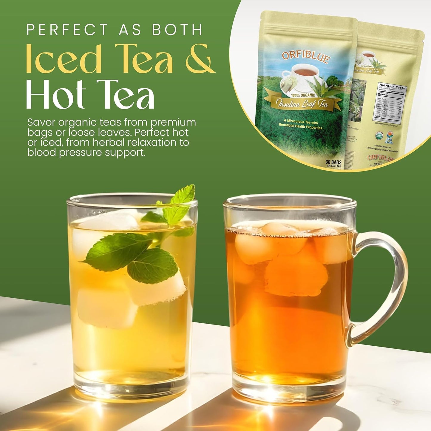 100% Organic Insulina Leaf Tea bags | Organic Herbal Teas | Premium Quality & Flavorful Blends - 0 Sugars, 0 Carbs, 0 Fats, 1% Sodium (25mg) | Rich in Vitamins - Detox, Immunity, Wellness & More