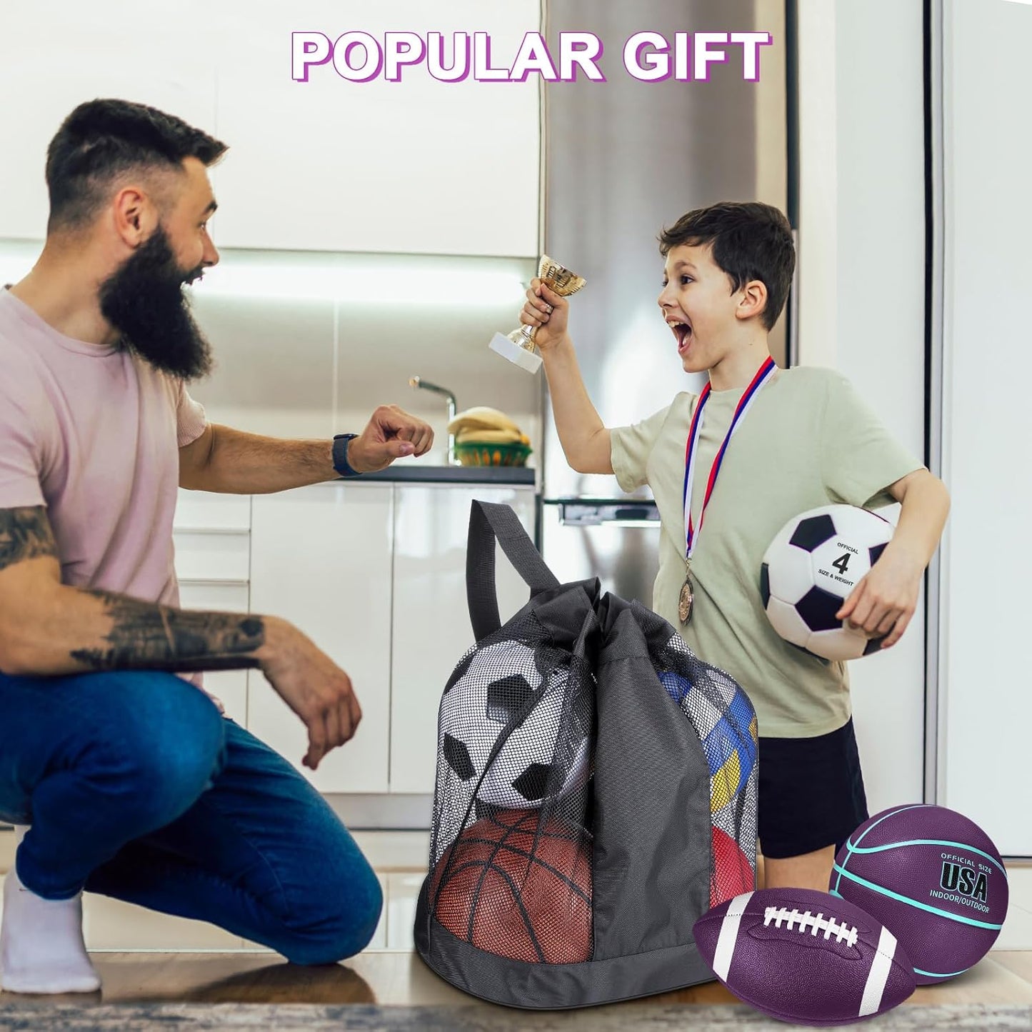 Realspring 6 Pcs Multi Sport Ball Set for Kid Teen Operation Christmas Official Size Football, Basketball, Soccer, Volleyball, Playground Ball, Baseball with Sports Equipment Bag Pump