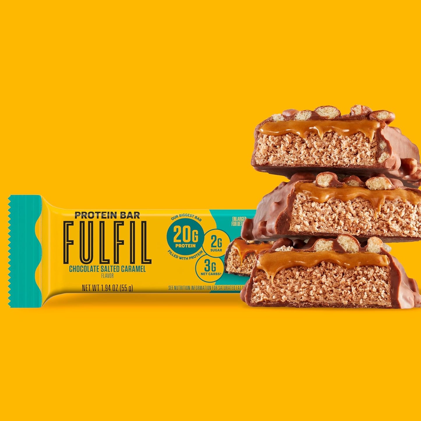 FULFIL Protein Bars, Chocolate Salted Caramel Flavored, Gluten Free with 20g Protein, Pantry Staples, 12 Count