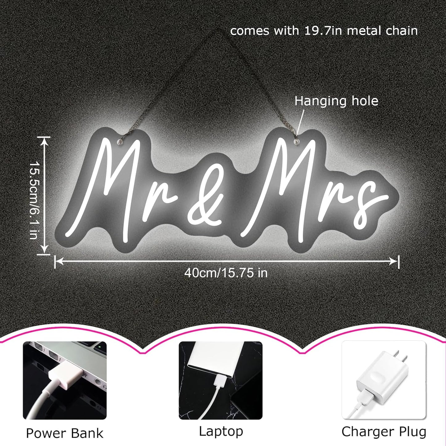 Mr and Mrs Neon Sign for Wedding Dimmable Mr Mrs Neon Signs Led Neon Sign for Party Neon Light Sign Mr & Mrs Sign for Anniversary Valentine's Day Wall Decor Gift 16.54 "X4.72"