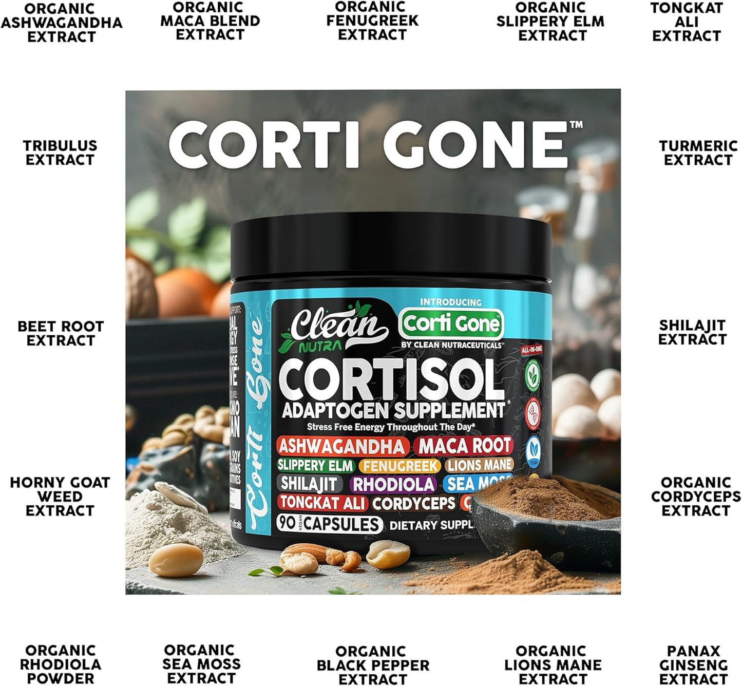 Corti Gone Cortisol Supplements For Women | Maca Root Ashwagandha Cortisol Detox Manager Reducer + Slippery Elm Fenugreek Lions Mane Shilajit Rhodiola Sea Moss Tongkat Ali Cordyceps Ginseng Beet Root