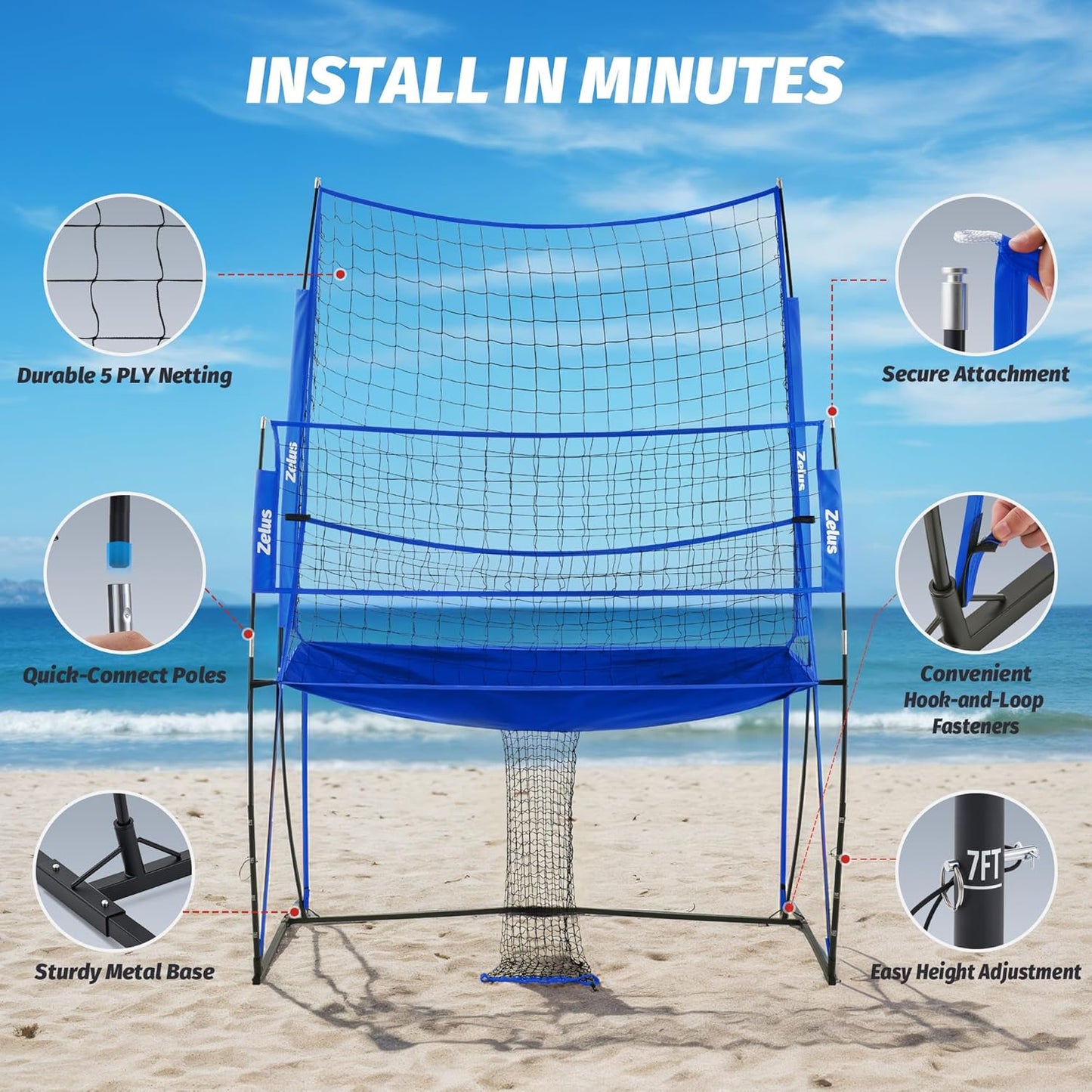 ZELUS Volleyball Training Equipment, 11x8 ft Volleyball Practice Net Station with Adjustable Height & Ball Return