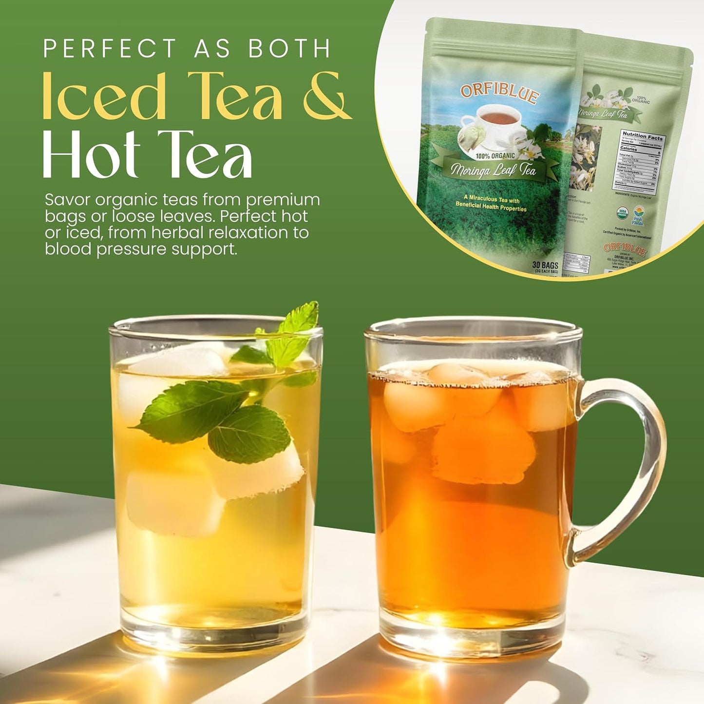 100% Organic Moringa Leaf Tea bags | Organic Herbal Teas | Premium Quality & Flavorful Blends - 0 Sugars, 0 Carbs, 0 Fats, 1% Sodium (25mg) | Rich in Vitamins - Detox, Immunity, Wellness & More (Moringa)