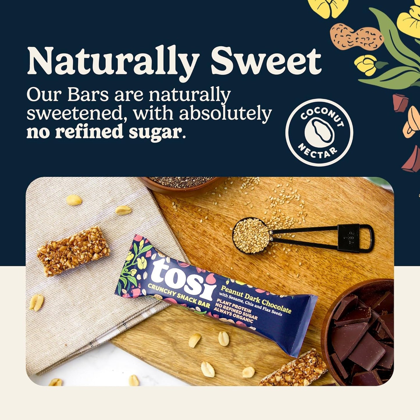 Tosi Peanut Dark Chocolate Protein Bars (8G) - Plant Based Healthy Snacks, Gluten-Free Crunchy Snacks, Vegan & Organic, Flax & Chia Seeds, Soy-Free, Omega 3s, 1 oz, 12-Pack