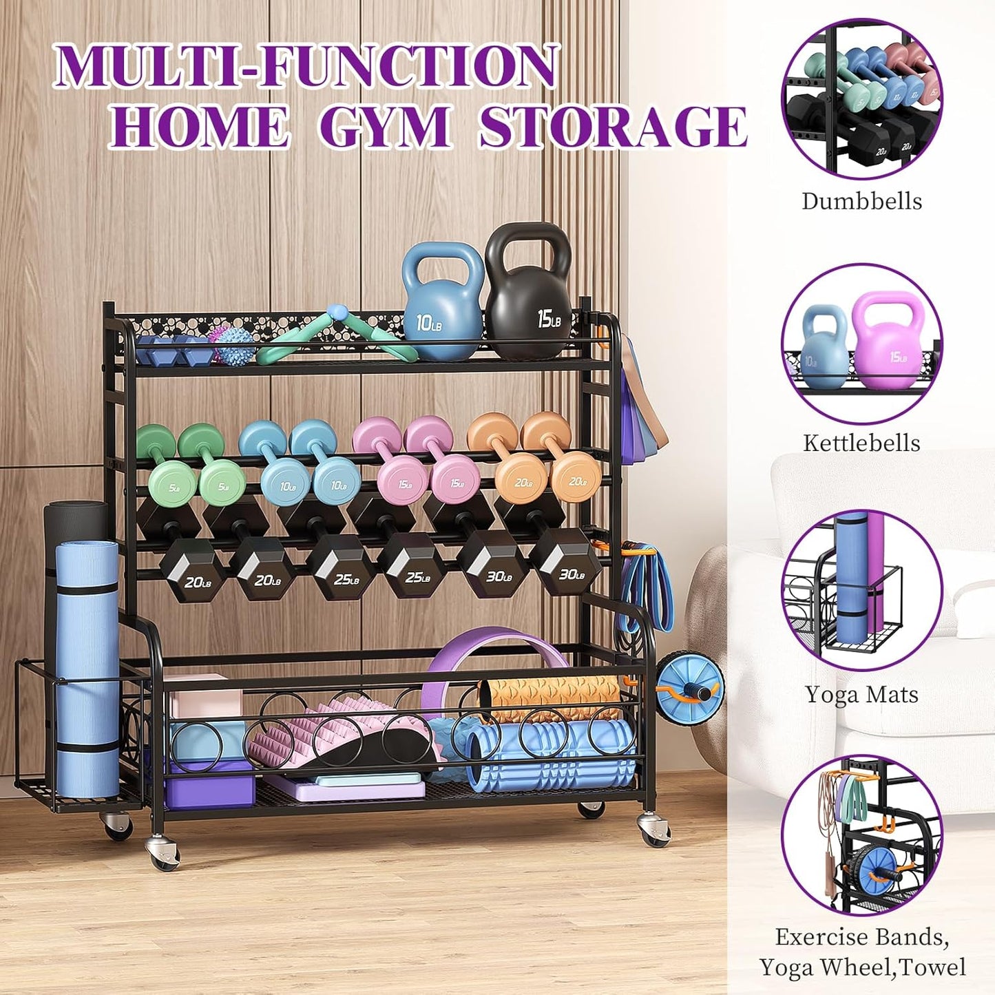 Dumbbell Rack, VOPEAK Weight Rack for Home Gym, Home Gym Storage Rack for Yoga Mat Kettlebells and Strength Training Equipment, Weight Storage Rack for Dumbbells with Wheels