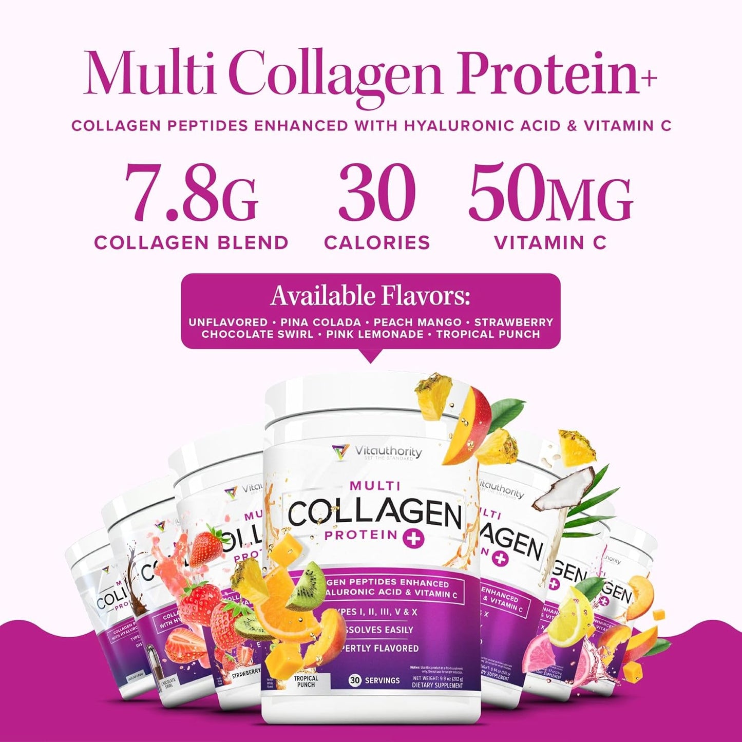 Multi Collagen Peptides Powder for Women - Hydrolyzed Flavored Collagen Powder for Women with Types I II III V & X Vitamin C & Hyaluronic Acid for Hair Skin and Nails (Strawberry) - 30 Servings