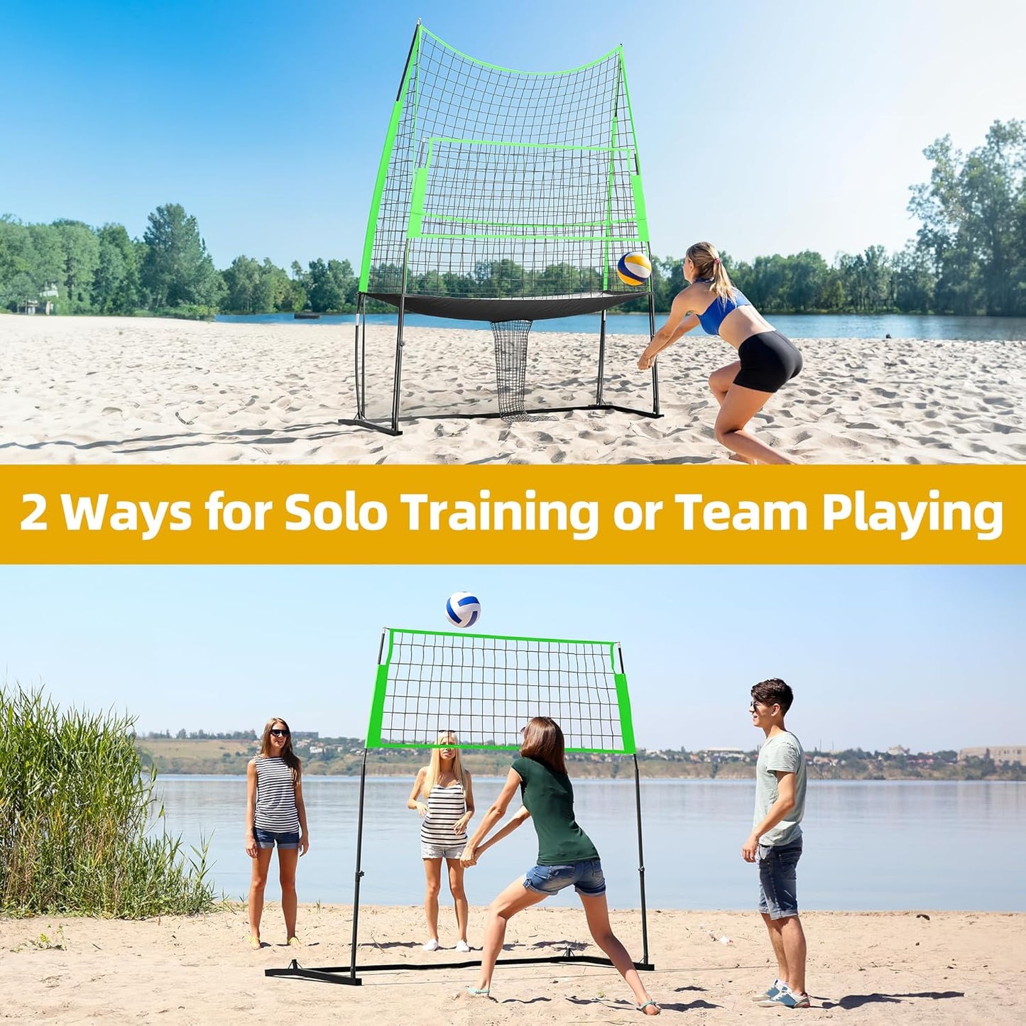 Volleyball Training Equipment, Height Freely Adjustable Practice Net System for Spike Hitting Serving, Portable Volleyball Net for Backyard Indoor Outdoor Use