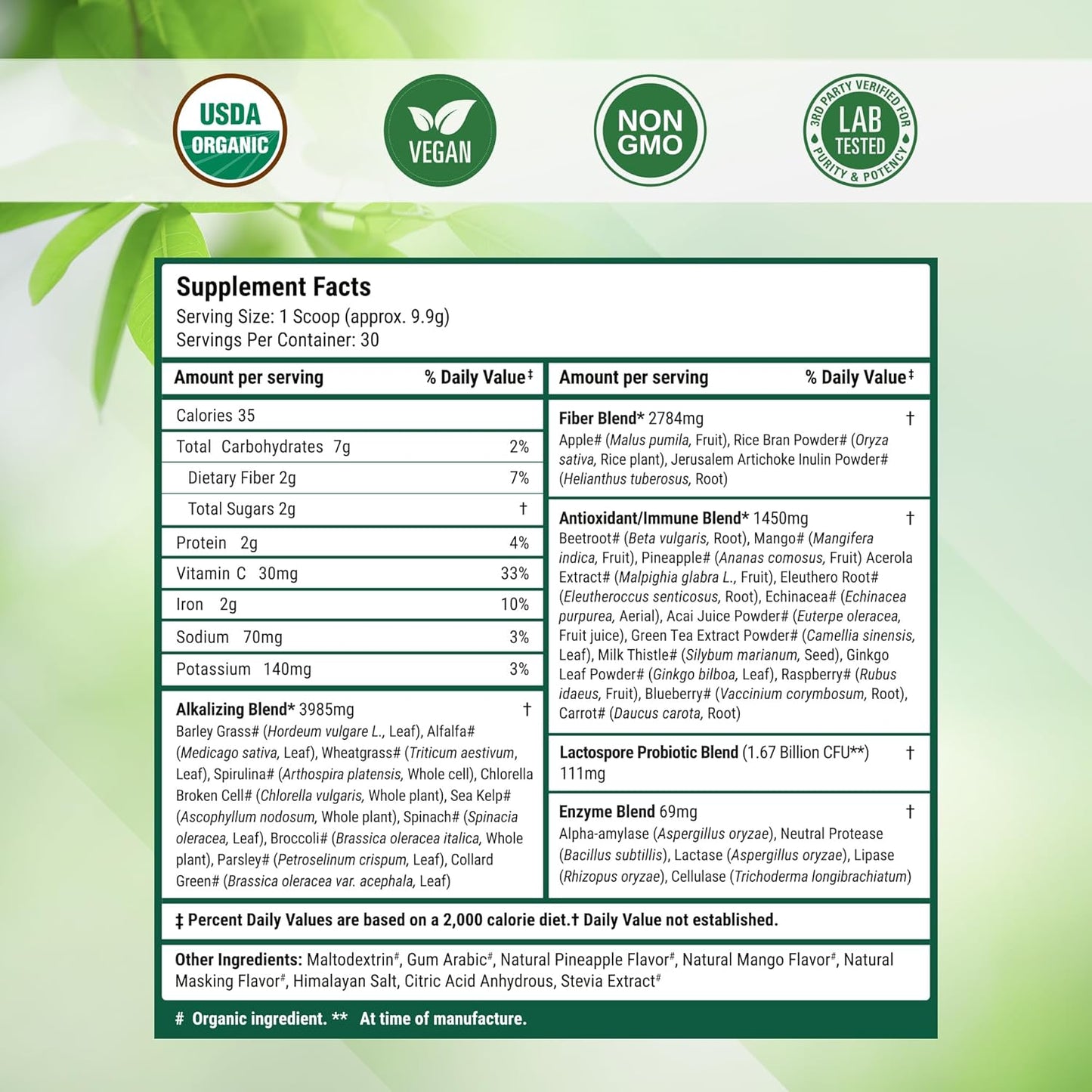 Super Greens Daily Greens Superfood Powder - Certified USDA Organic Green Powder w/20+ Whole Foods, Spirulina, Wheat & Barley Grass - Probiotics, Fiber & Enzymes - Pineapple Mango, 30 Servings