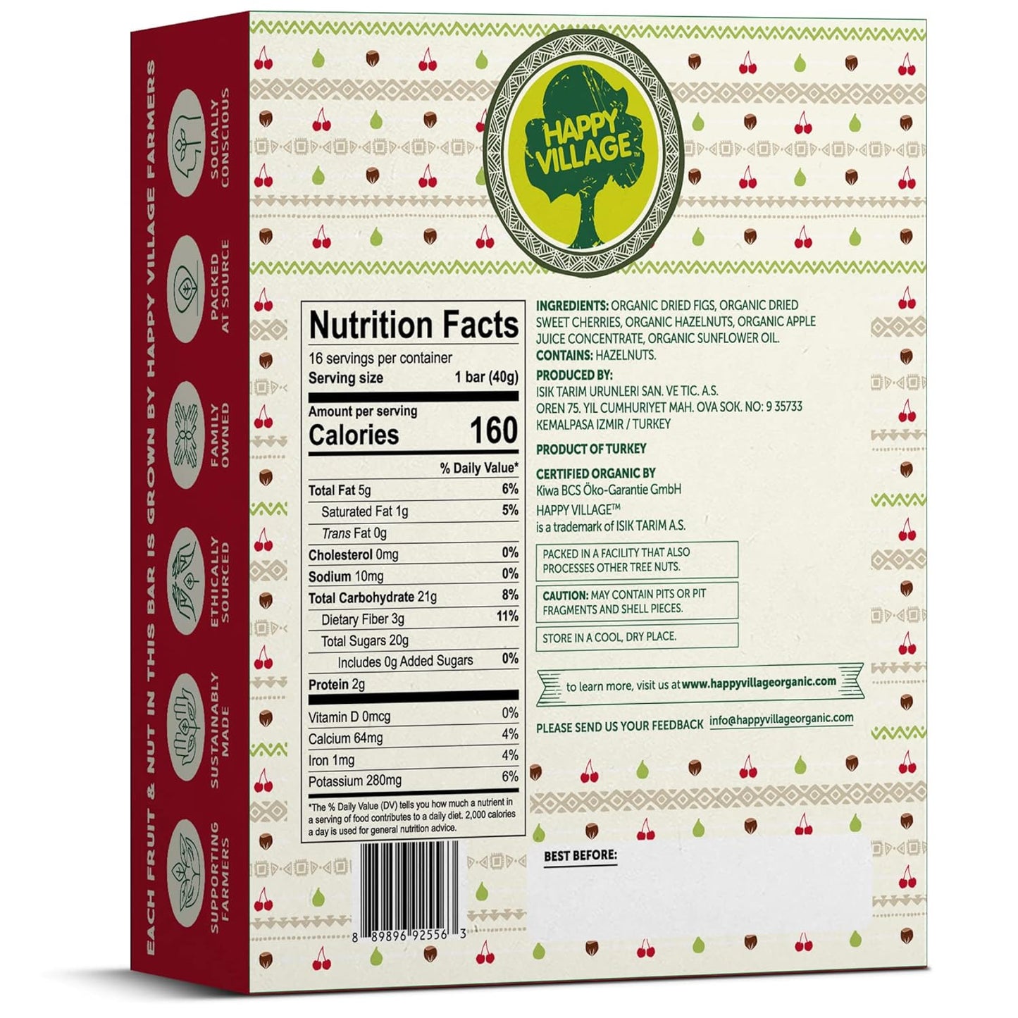 Happy Village Organic Fruit & Nut Bar, SWEET CHERRY | Gluten Free, No Refined Sugar, Kosher, Non-GMO, Vegan, Good Source of Fiber | Organic Healthy Snack Bars (16 bars, 1.4 OZ each)