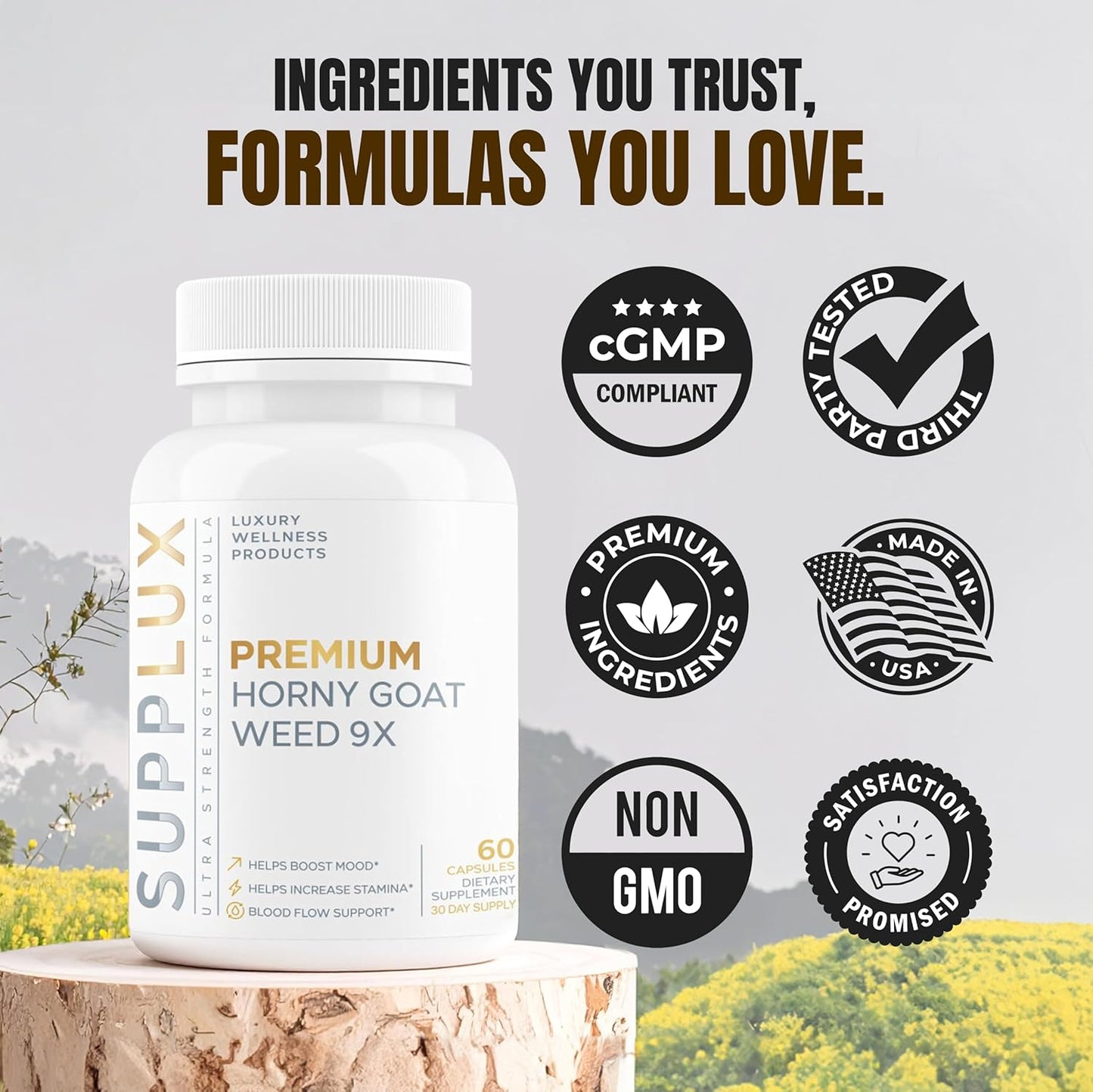 Premium Horny Goat Weed + 9 Ingredients - Performance Pills for Men for Fast Acting Blood-Flow, Build Muscle & Supports Men's Health | 9 Backed Ingredients | 3rd Party Tested Supplement - 60 Pills