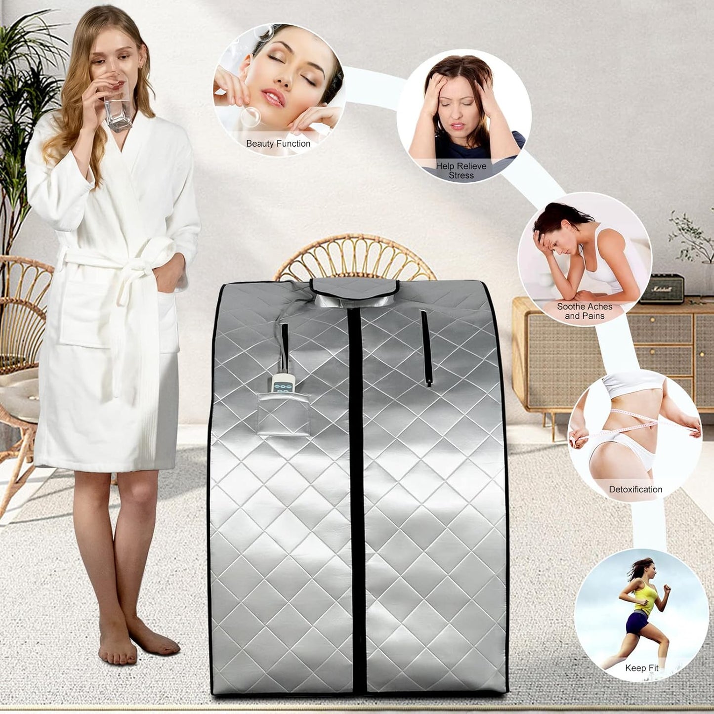 Smartmak Far Infrared Sauna, Full Body One Person SPA Set with Portable Time & Tempreture Remote Control, Heating Foot Pad and Foldable Reinforced Chair(L 27.6ββ x W 31.5ββ x H 37.8ββ) - Black Border