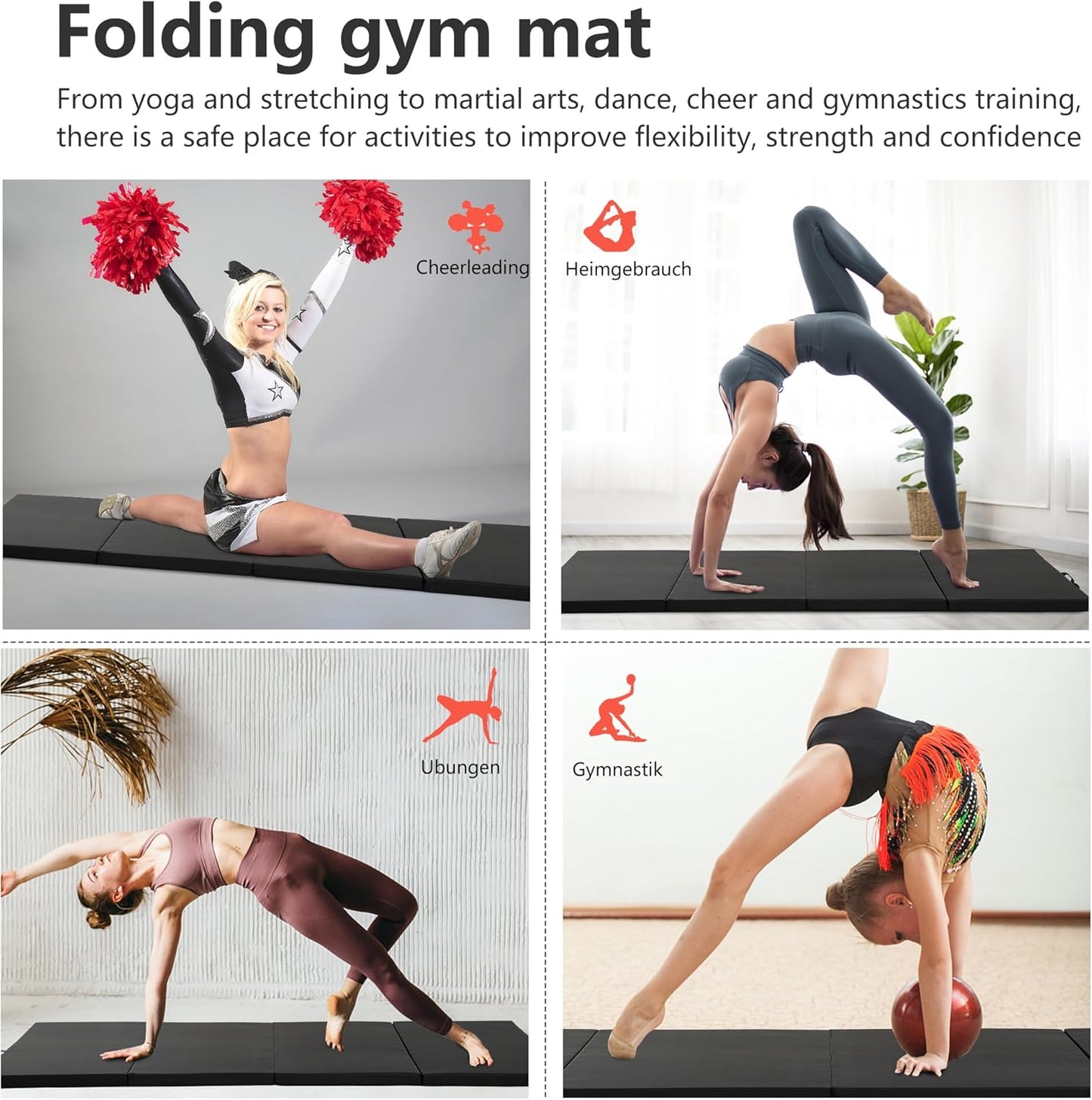 Gymnastics Tumbling Mats Portable Gymnastics Mat Foldable Tumbling Mat 2'x6'/4'x8' PU Leather Exercise Mat Yoga Mat with Carrying Handles for home Workout outdoor Yoga Gymnastics