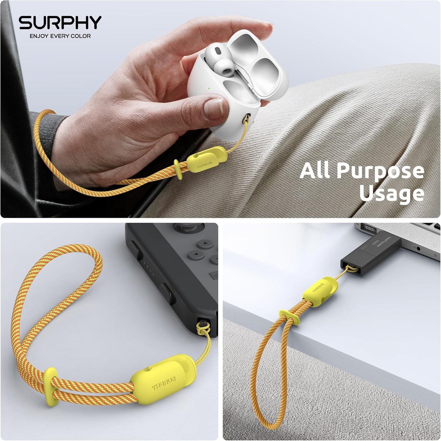 SURPHY 2 Pack Phone Lanyard for Cellphone Case, Phone Wrist Strap for Case, Cellphone Strap with 2-Color Braided, Charm Wrist Lanyard for Women and Men, Yellow & Gray