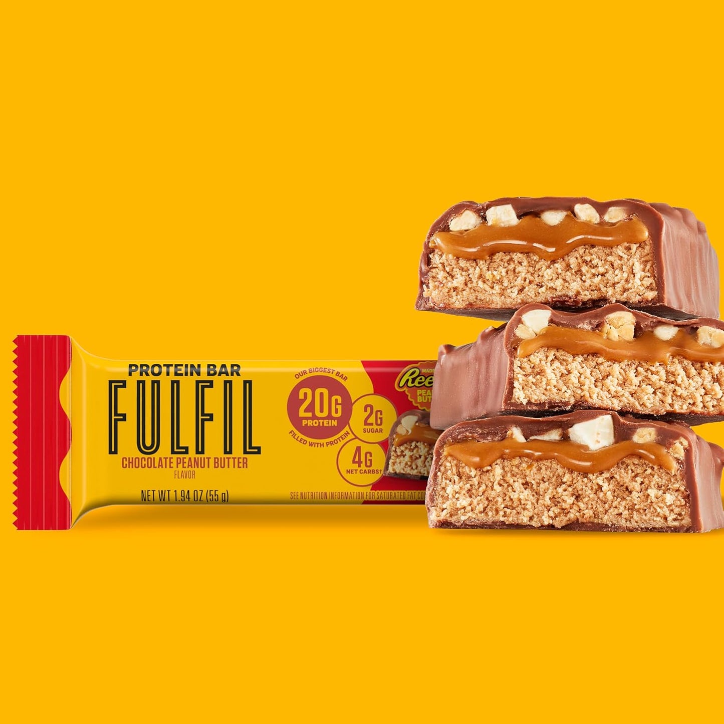 FULFIL Chocolate Peanut Butter Flavored Protein Bar Made with REESE's Peanut Butter, Gluten Free with 20g Protein, Pantry Staples, 12 Count