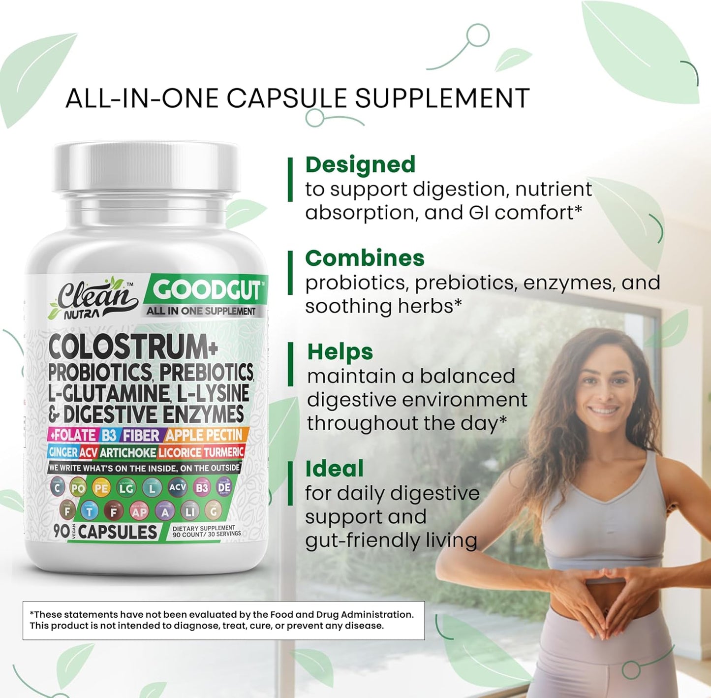 Clean Nutraceuticals Colostrum Supplement Capsules Probiotics Pills Prebiotics, L-Glutamine, Digestive Enzymes, Folate, Fiber, ACV, Turmeric, Apple Pectin and Turmeric Good Gut