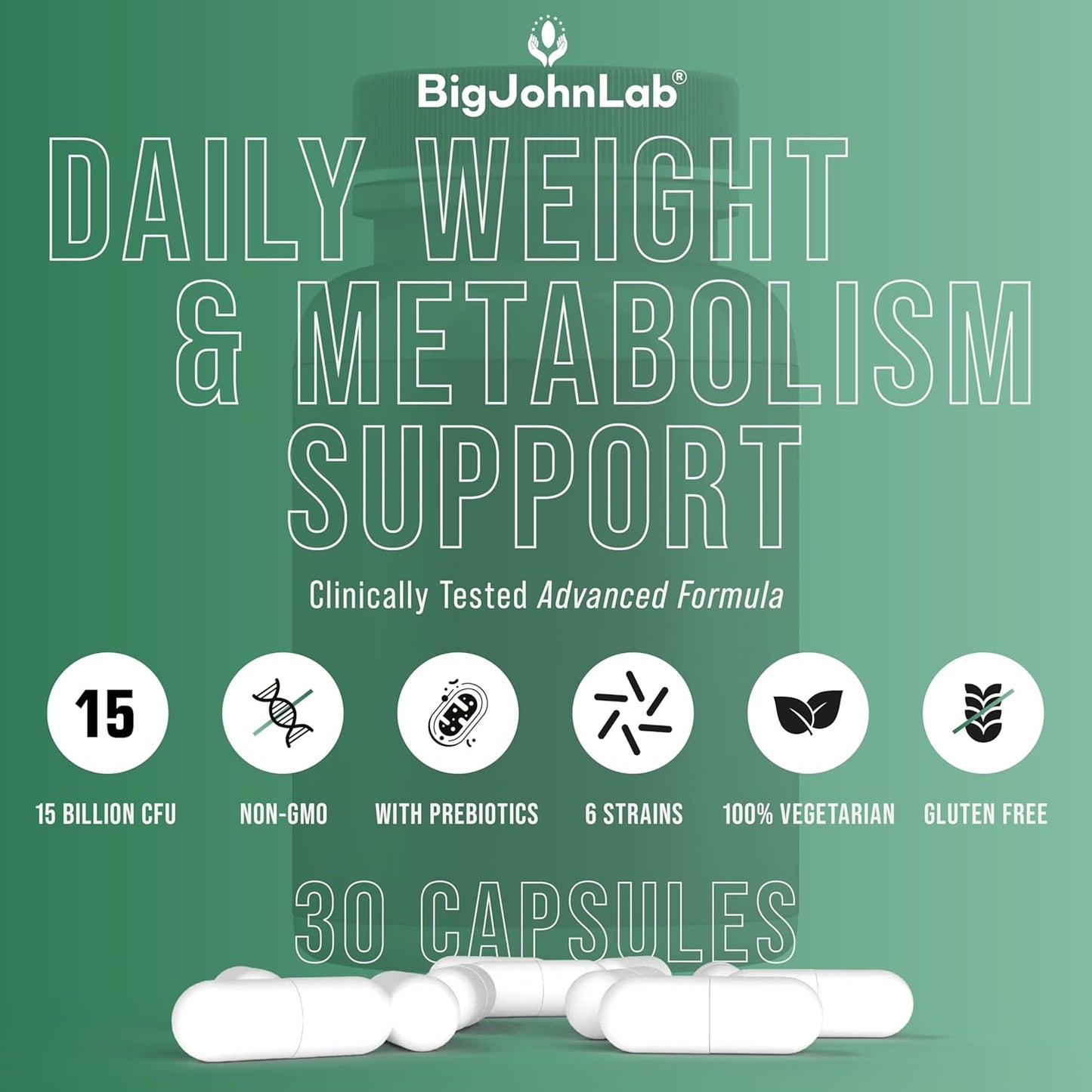 BIGJOHNLAB® - Probiotics for Weight Management & Bloating - 6 Probiotic Strains - Prebiotics - Key Ingredient Cayenne & Green Tea - Supports Gut Health - Weight Management for Women & Men - 30 CT