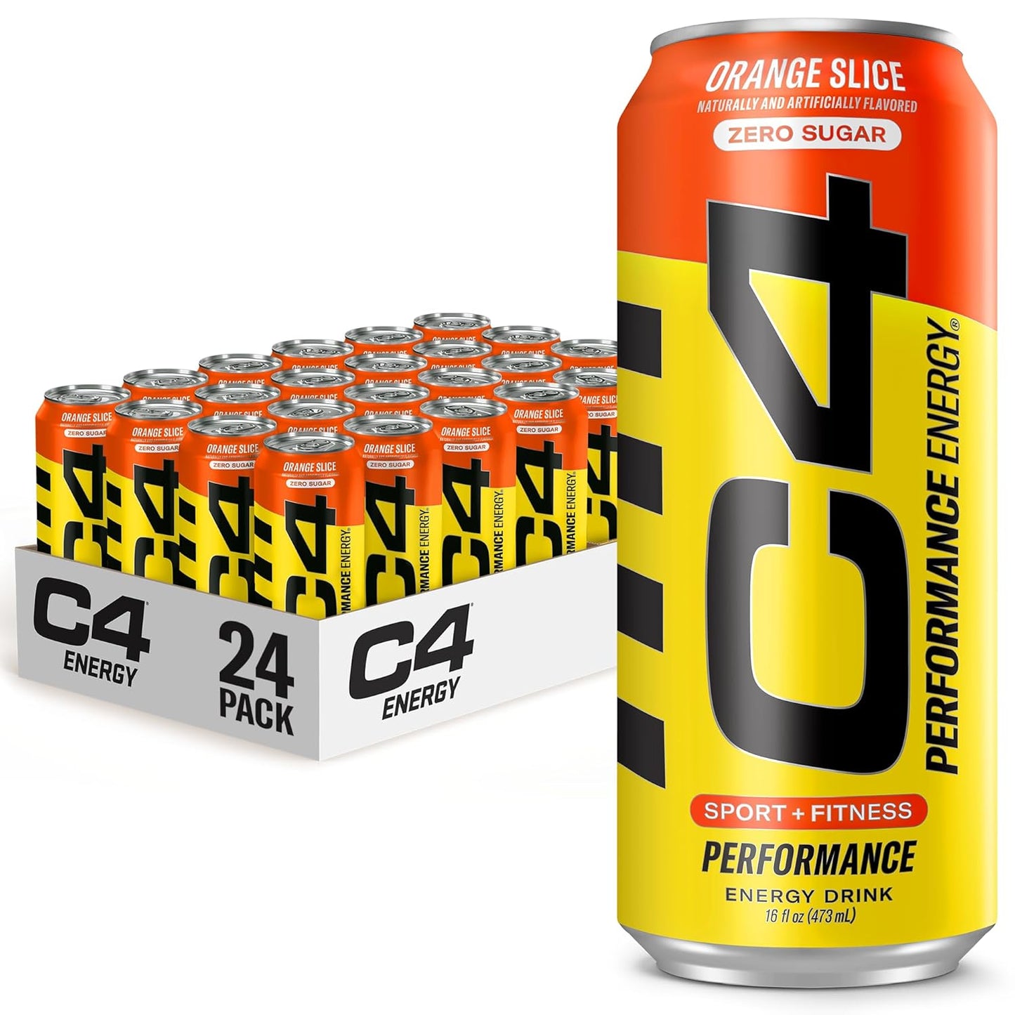 C4 Energy Carbonated Zero Sugar Energy Drink, Pre Workout Drink + Beta Alanine, Orange Slice, 16 Fl Oz (Pack of 24)